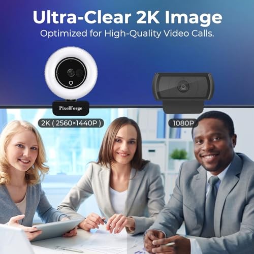 PIXELFORGE 2K WEBCAM FOR PC WITH MICROPHONE & LIGHT & PRIVACY -  BLACK/WHITE