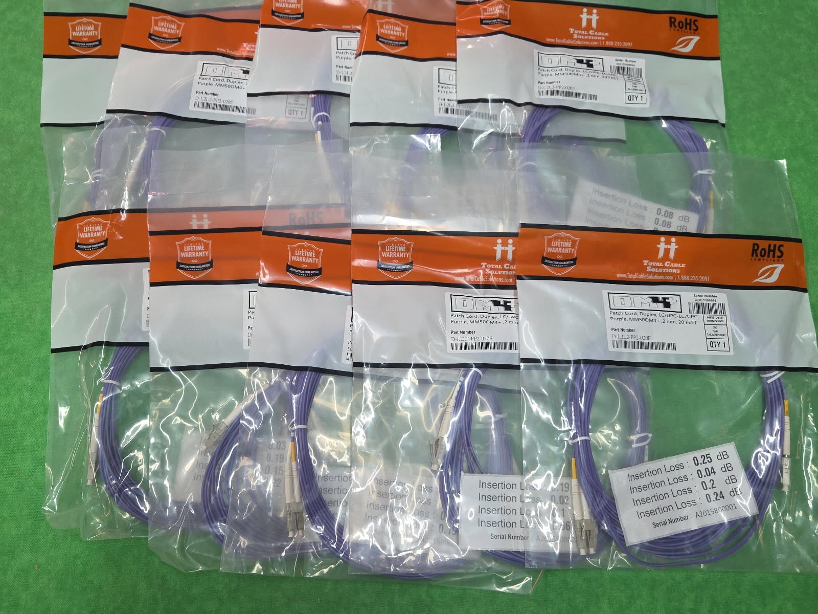 OM4 LC/UPC- LC/UPC Fiber Patch MM Duplex Purple 50/125  20 FT LOT OF 10 PCS NEW