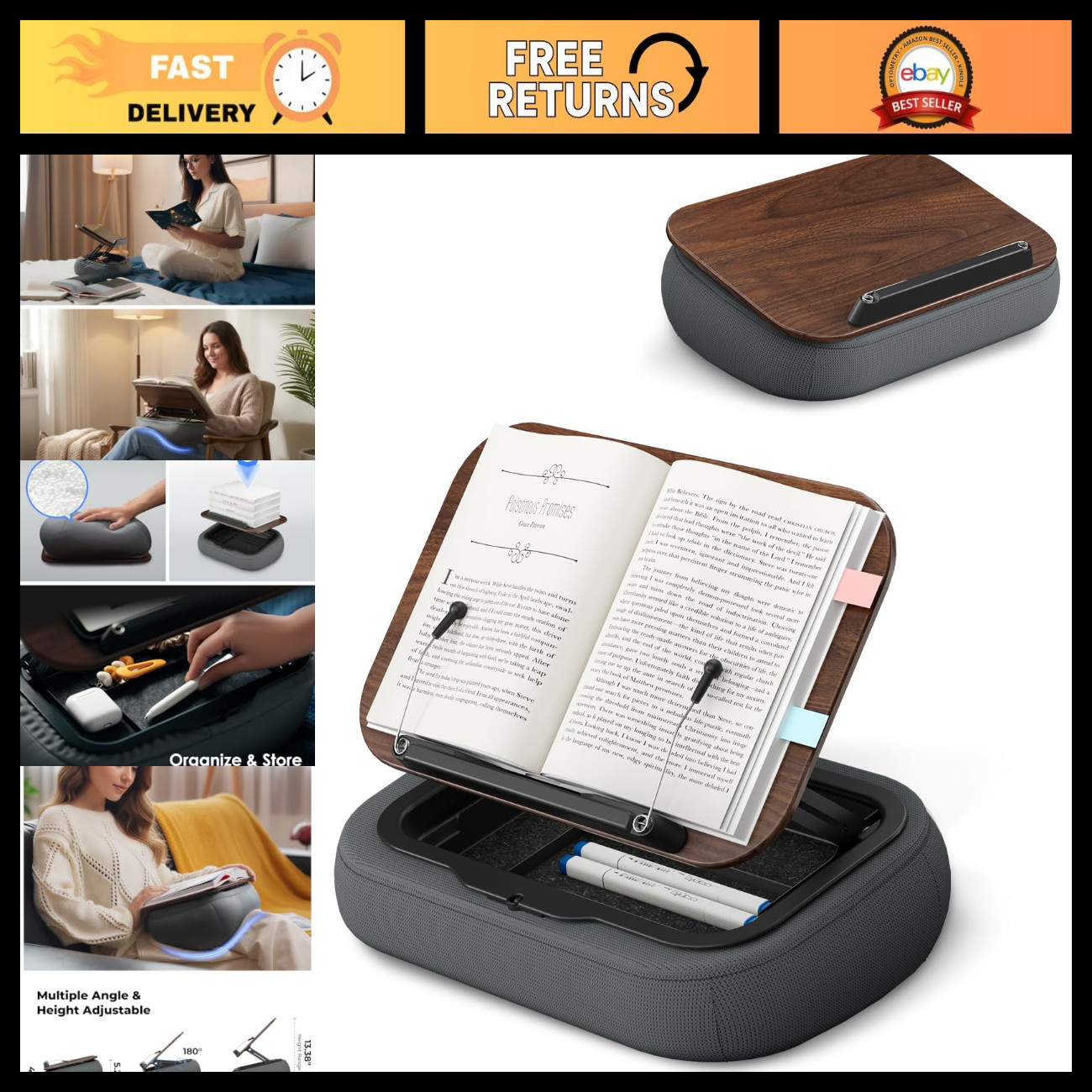 Adjustable Lap Pillow Stand with Storage - Multi-Angle Reading Pillow for Bed &