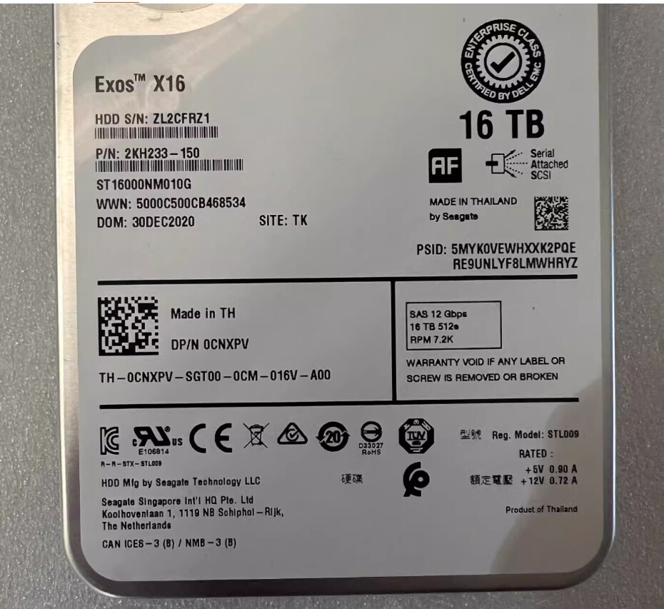 0CNXPV For Dell 16TB 7.2K RPM 512e SAS 3.5" 12Gbps Hard Drive ST16000NM010G HDD