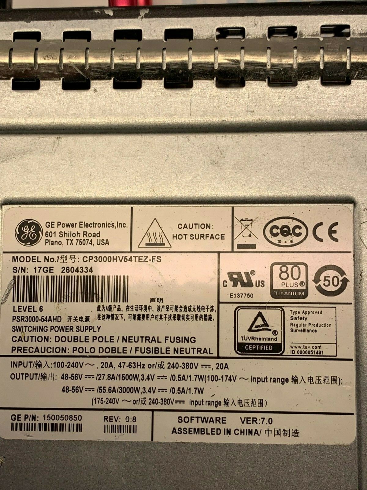 GE POWER ELECTRONICS CP3000HV54TEZ-FS SWITCHING POWER SUPPLY