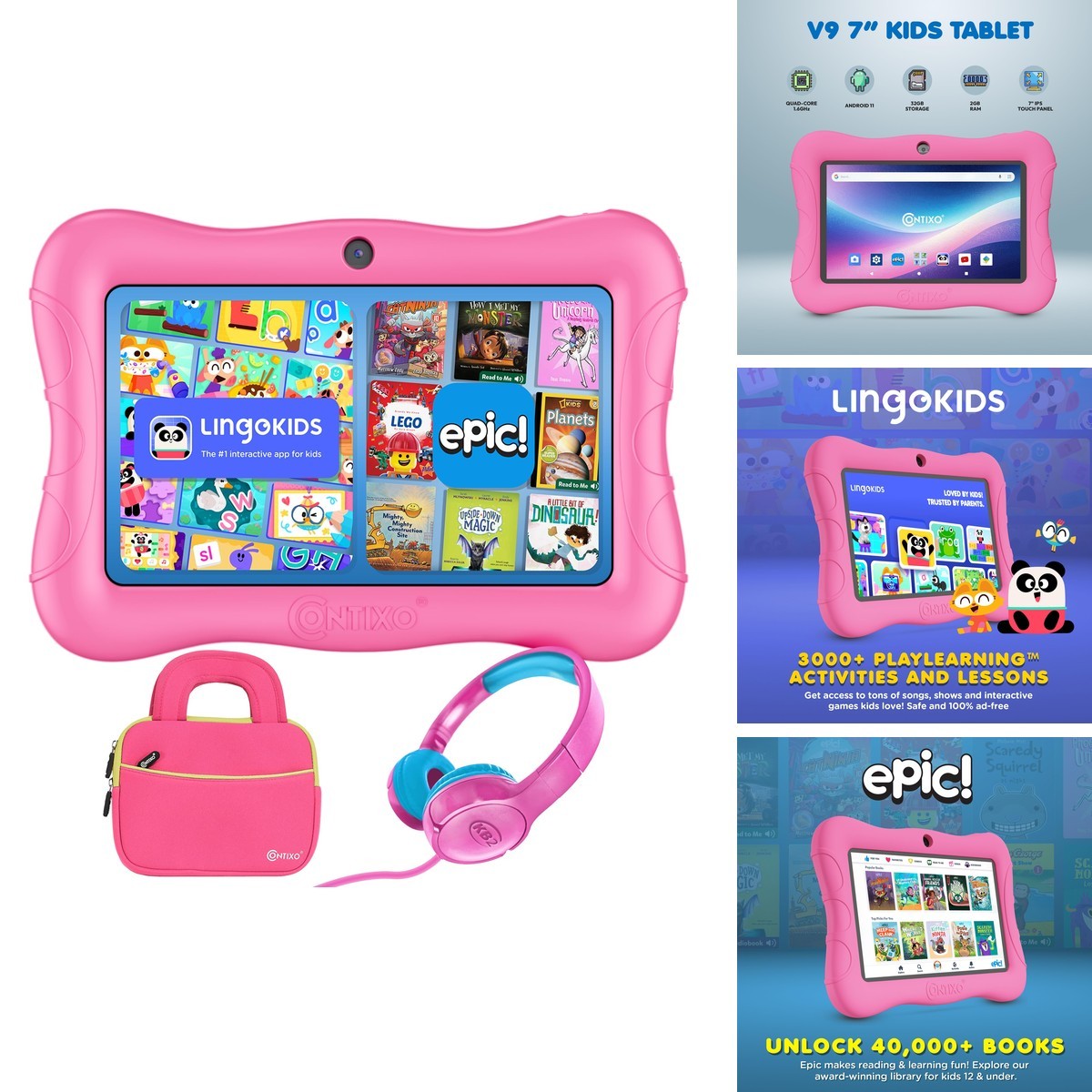 Contixo V10 7" Kids Learning Tablet Bundle with Headphones Sleeve Bag - Pink