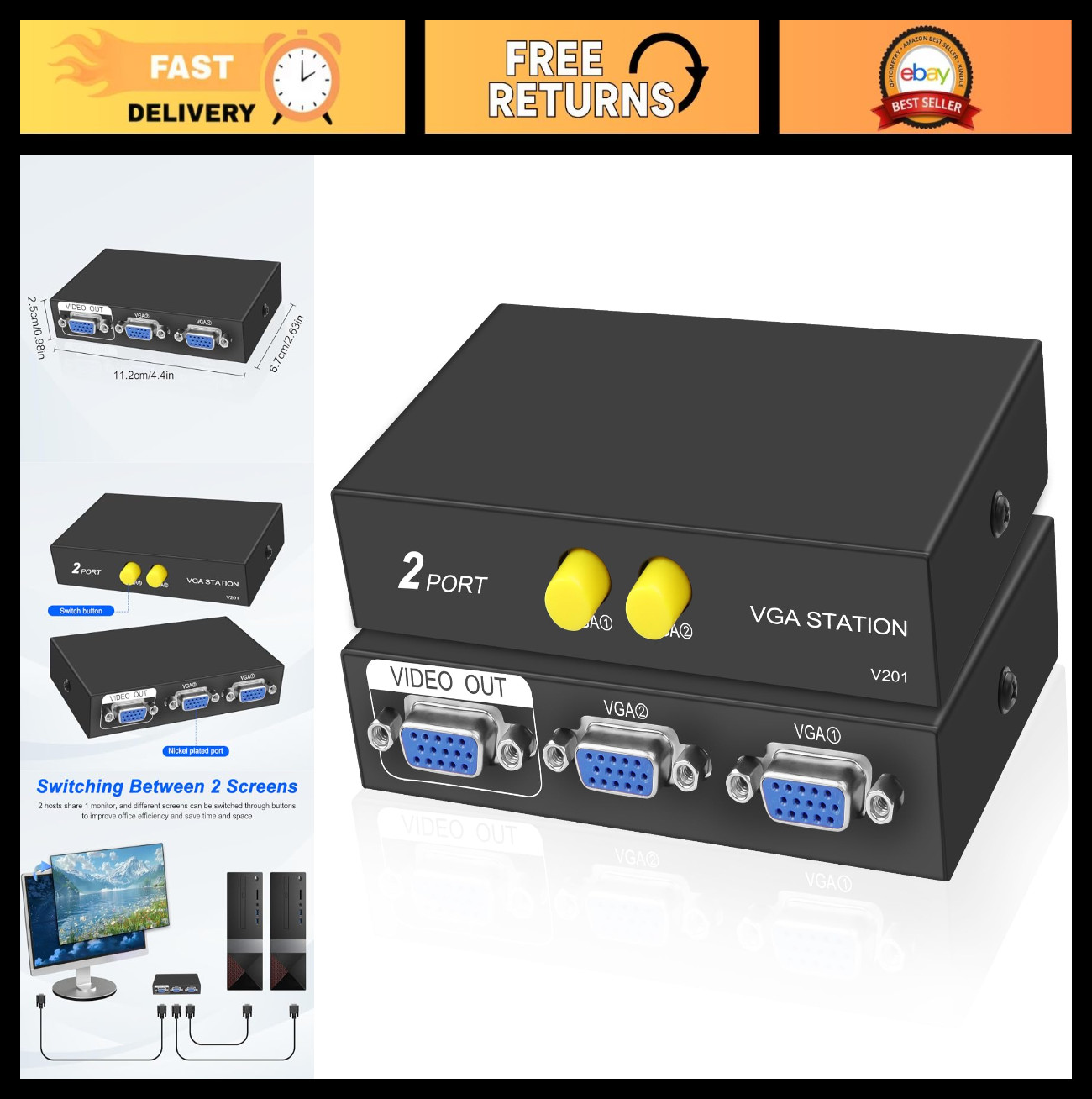 VGA Switch Box 2x1 Audio Video Splitter Dual Monitor Selector 1080P Adapter