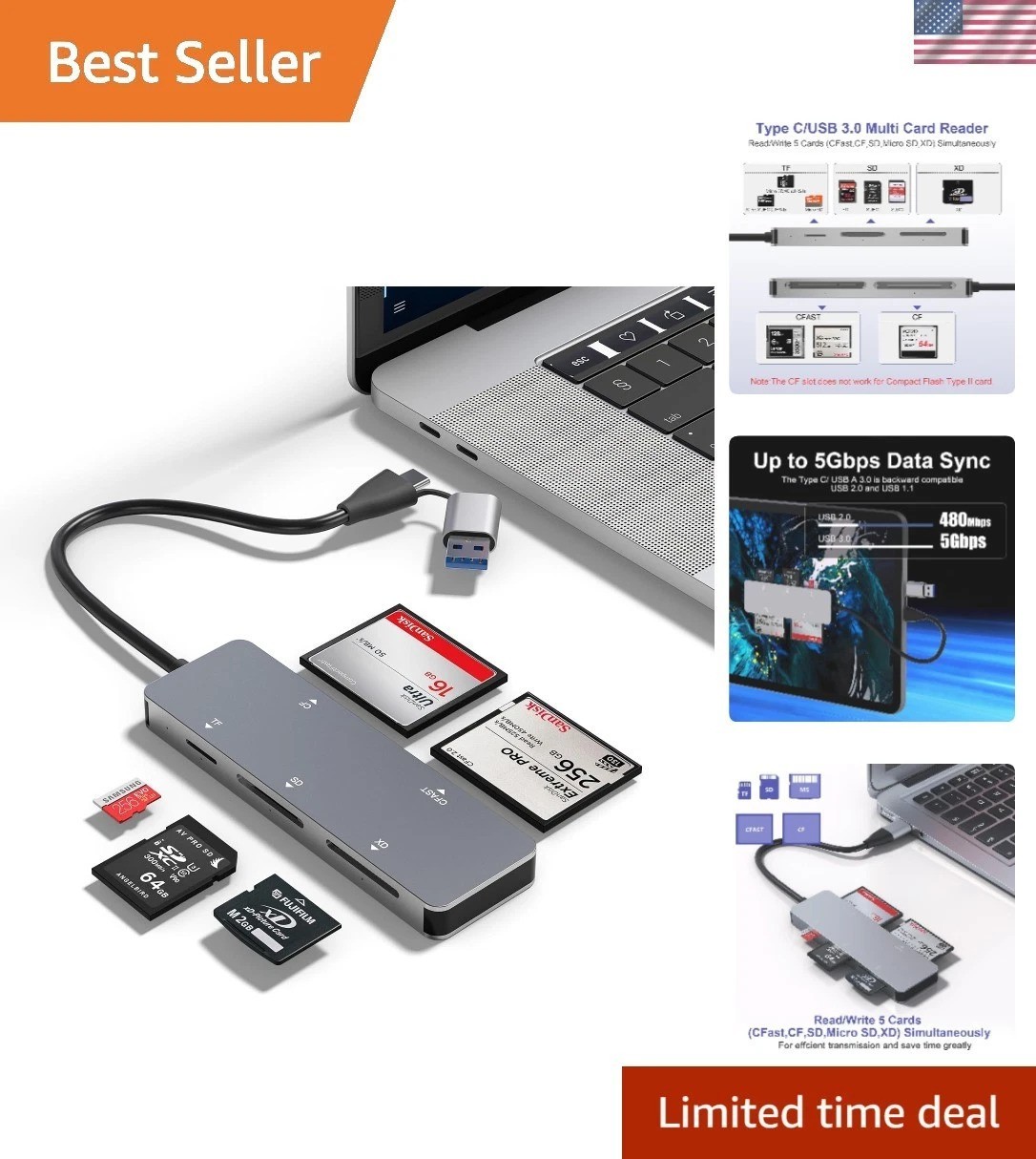 CFast Card Reader, 5-in-1 USB C/A Card Reader for Computer & Camera with Dedi...