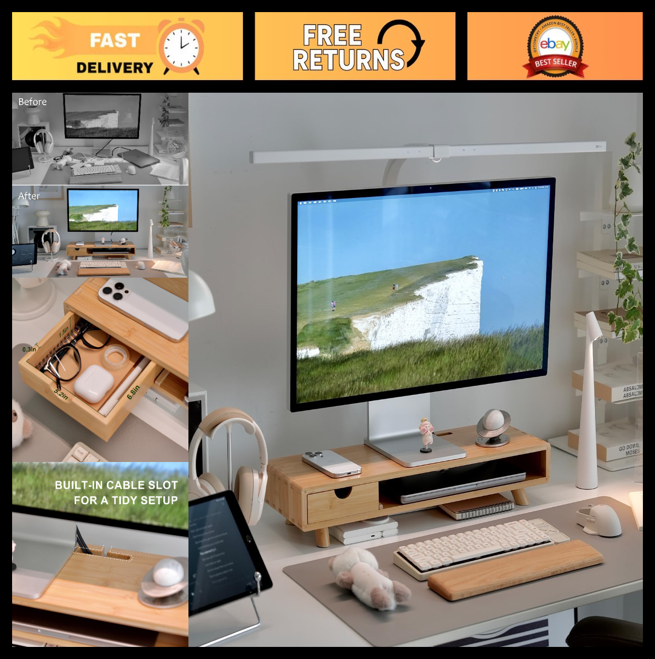 Ergonomic Bamboo Monitor Stand Riser with Drawer & Cable Management - Desk Organ