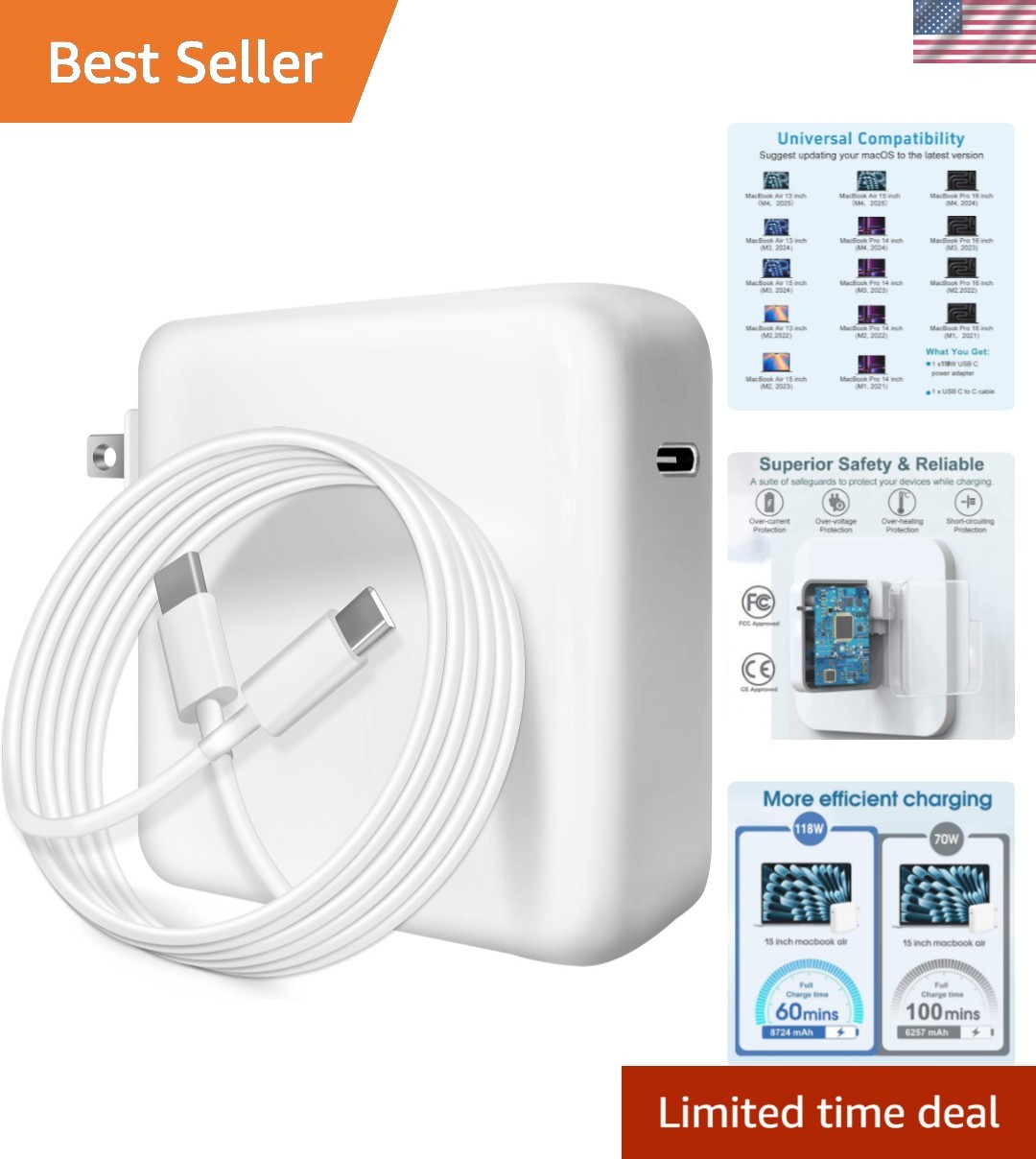 Mac Book Pro Charger 118W USB-C Fast Charger Stable Output Power Adapter for ...