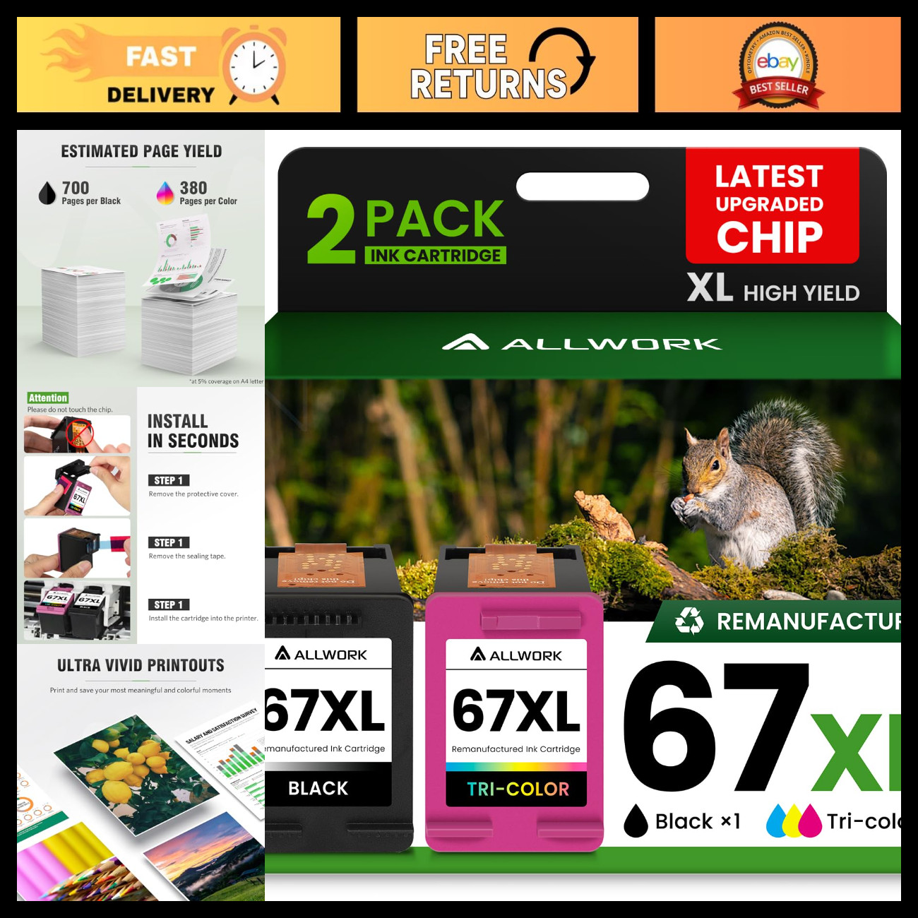 67XL Ink Cartridge Compatible for HP - Black & Color 2-Pack, High Yield, Quality