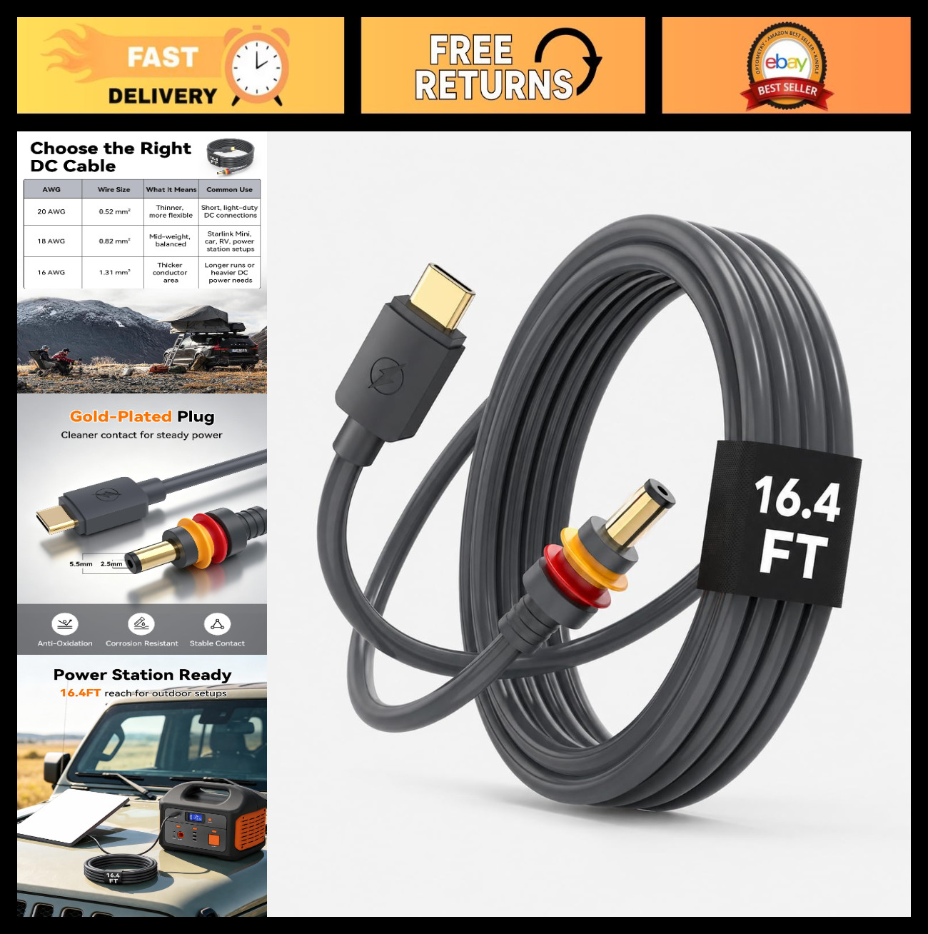 16.4FT USB-C to DC Power Cable for Starlink Mini, Fast Charging & Durable