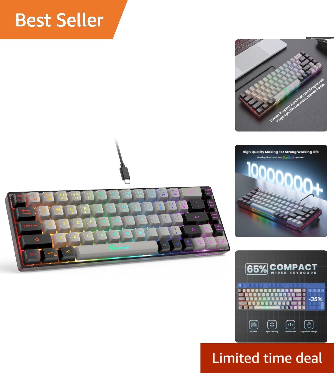 65% Compact Wired RGB Gaming Keyboard with Backlighting for Superior Performance
