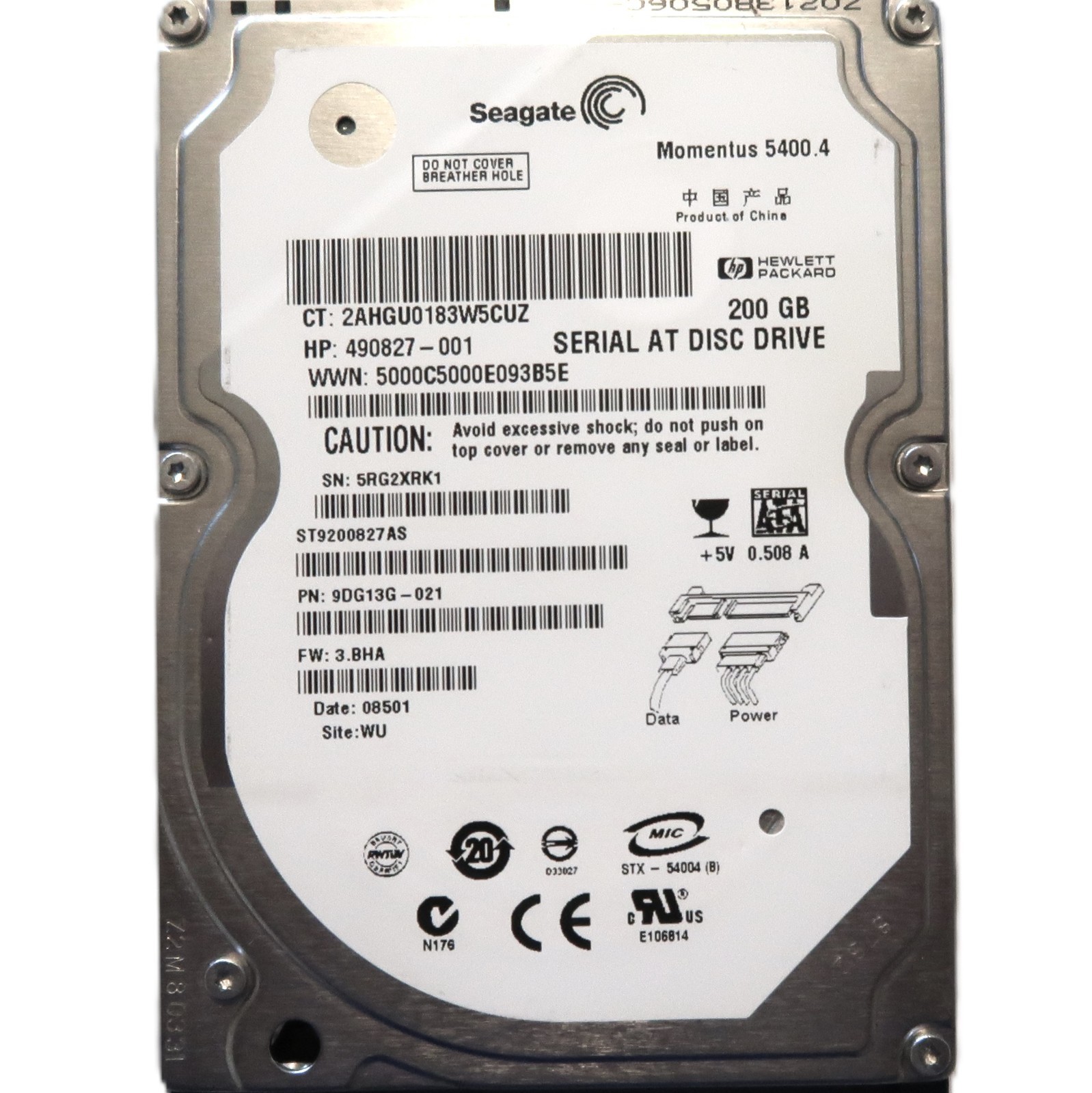 ST9200827AS PN: 9DG13G-021 FW:3.BHA WU 200gb 2.5" Sata Hard Drive JUN/2008