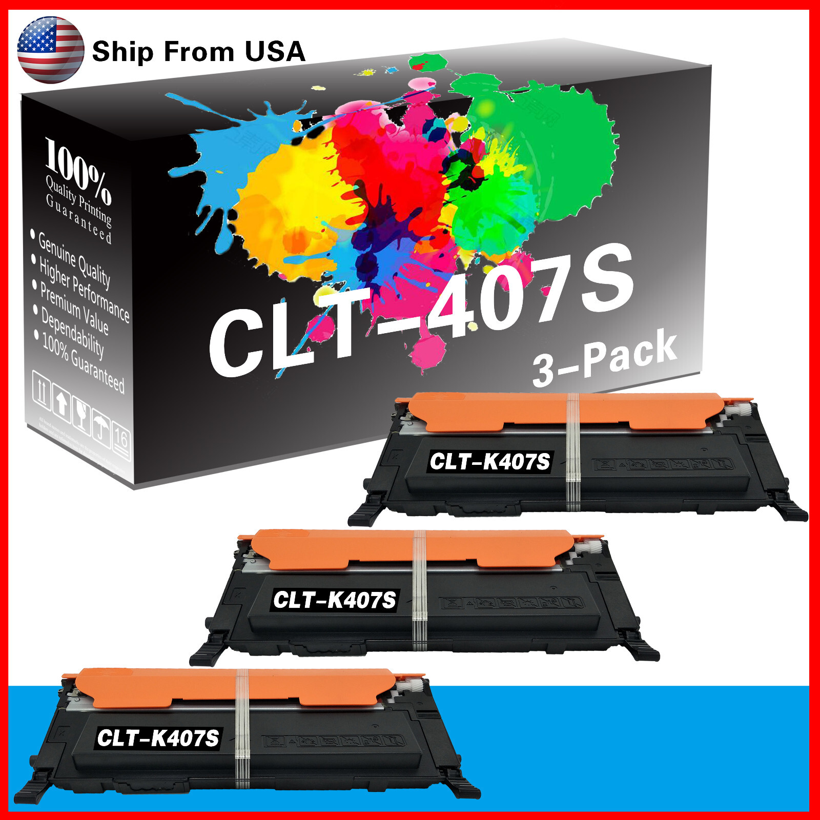 (3PK,Black) CLT-K407S CLT407S Toner Cartridge CLP325 for CLP-325 CLP-320