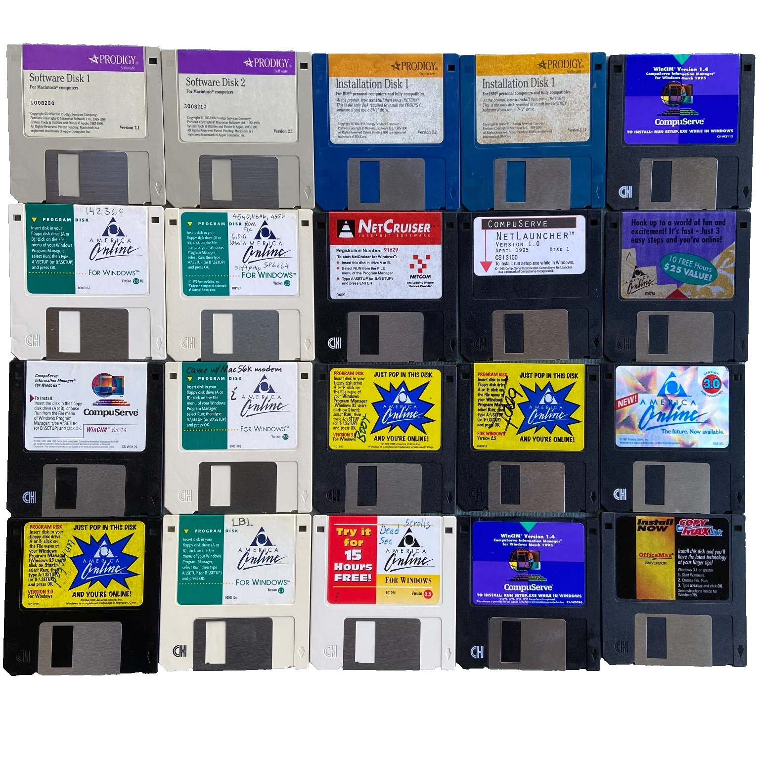 Vintage Floppy Disk America Online Prodigy Compuserve NetCruiser Lot 20 Install