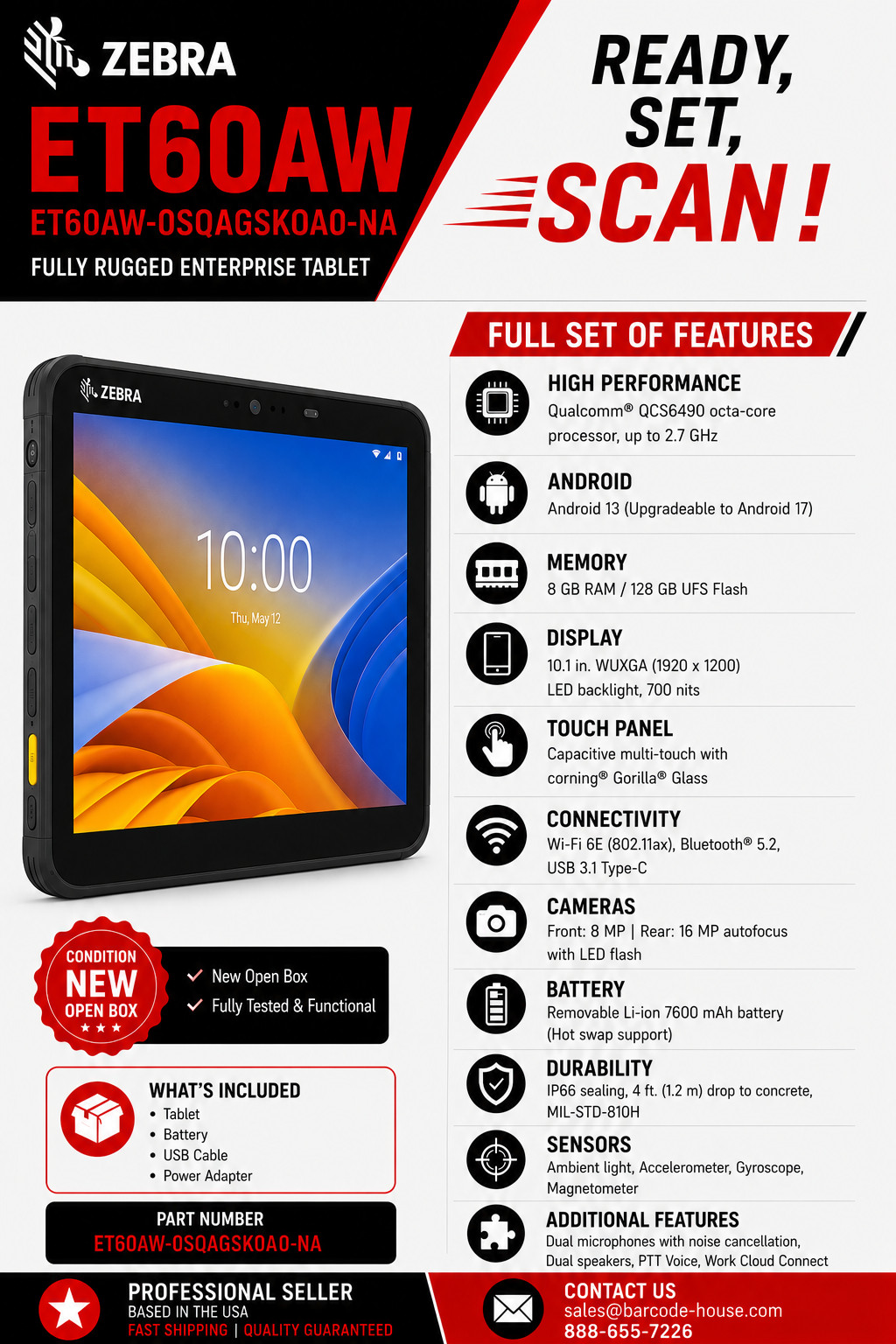 Zebra ET60AW-0SQAGSK0A0-NA ET60 Rugged Tablet 10.1" , with SE55 long range scan