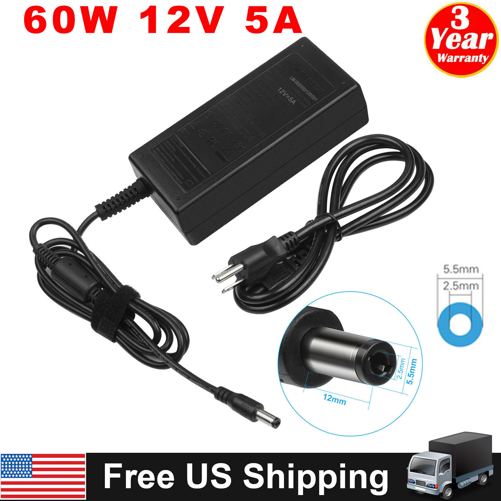 12V 5A 5.5mmx2.5mm AC-DC Power Supply Cord Adapter Charger PSU Mains LED Strip