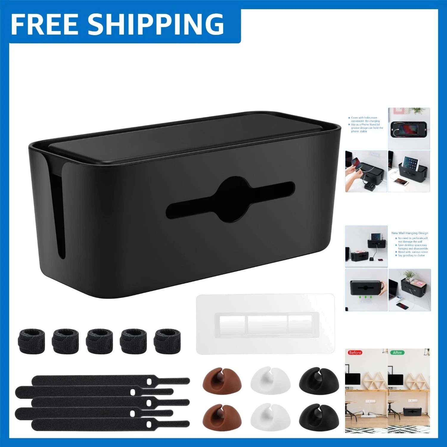 Sleek Black Cable Management Box for Home Office - Safe & Stylish Organizer
