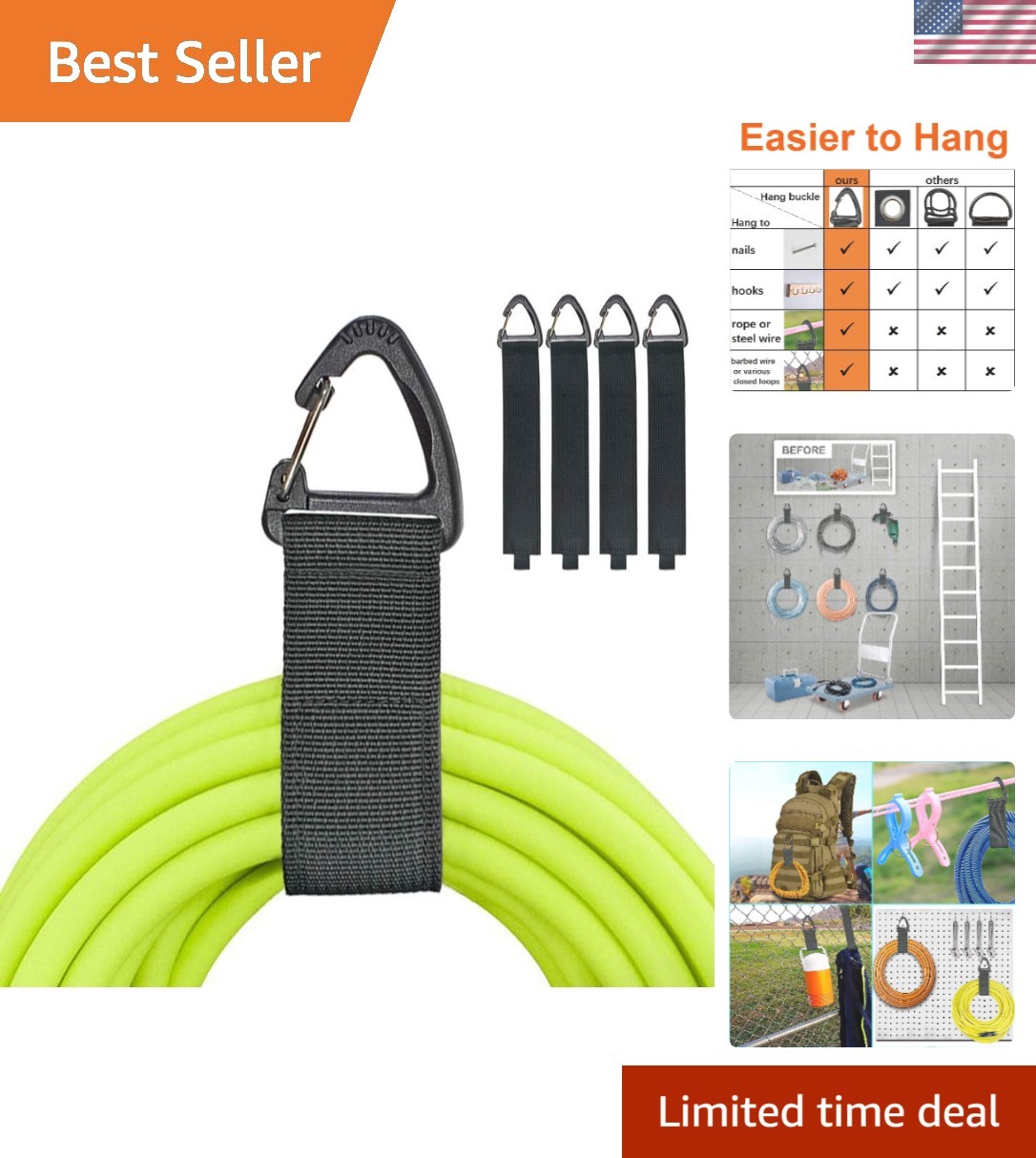 Nylon Extension Cord Strap - 4 Pack, Holds 50 lbs, Ideal for Garage & Outdoors