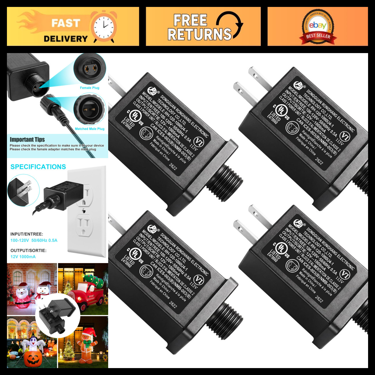 4PCS 12V Power Supply Adapter for Inflatable Decorations, LED Strip Lights, Wate
