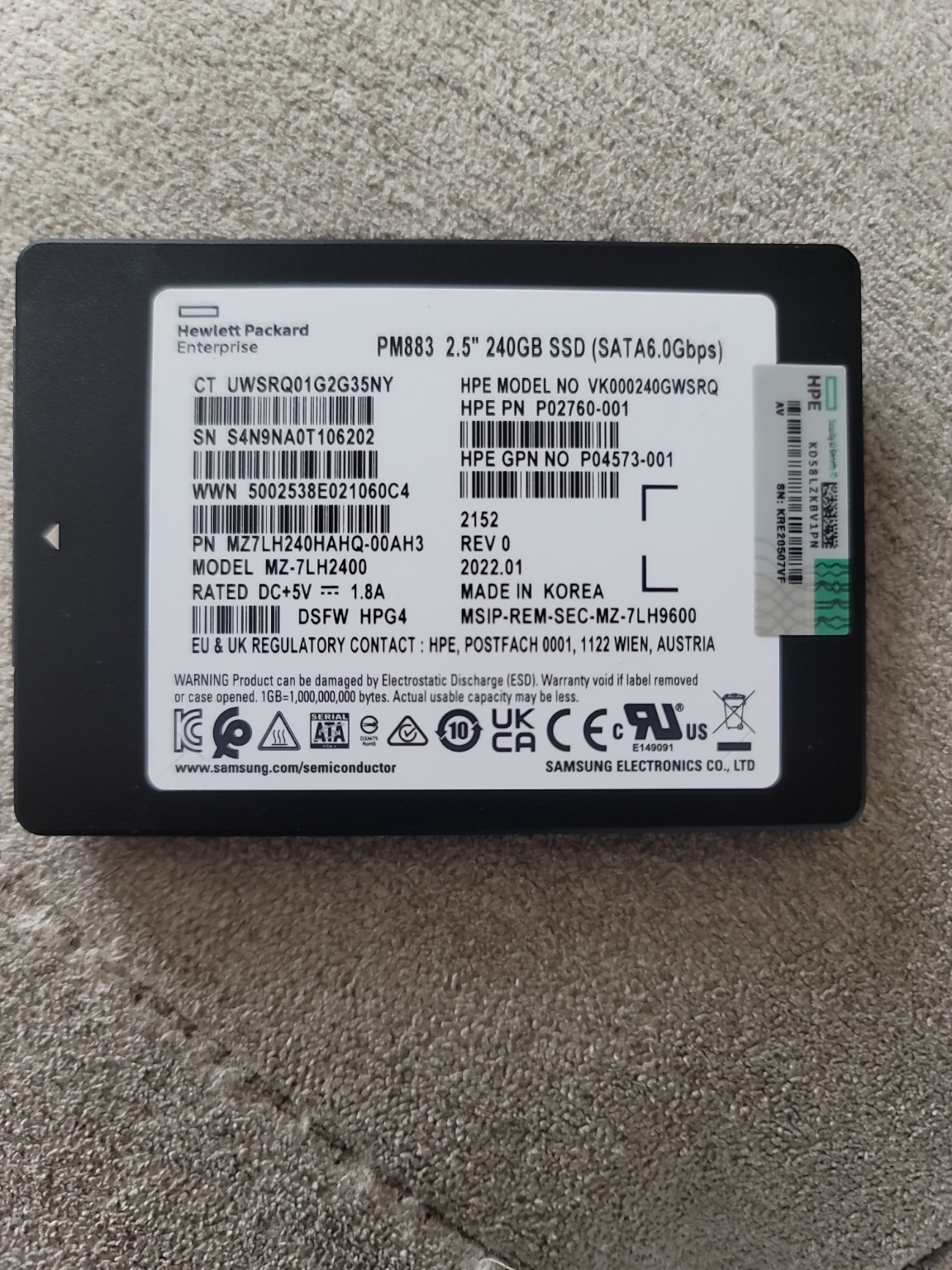HPE Samsung PM883 240GB Enterprise SSD SATA 6Gb/s 2.5" MZ7LH240HAHQ