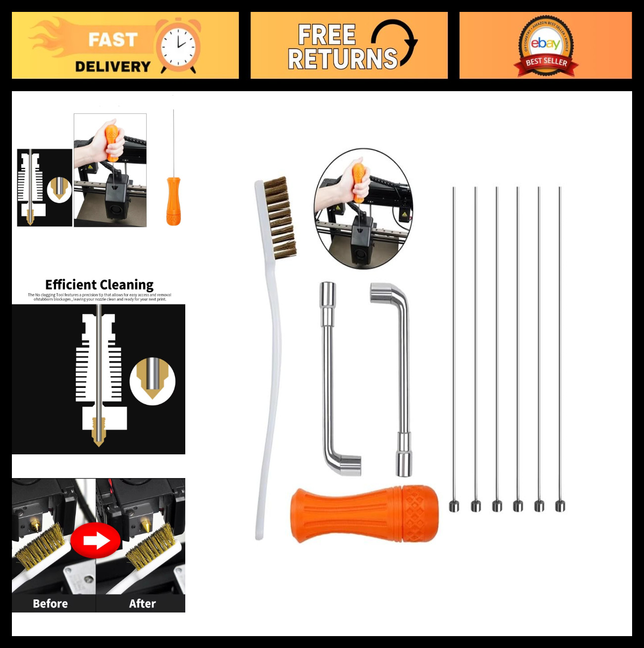 3D Printer Nozzle Cleaning Kit - Clog Remover Tool with Wrench, Brush & Pin for
