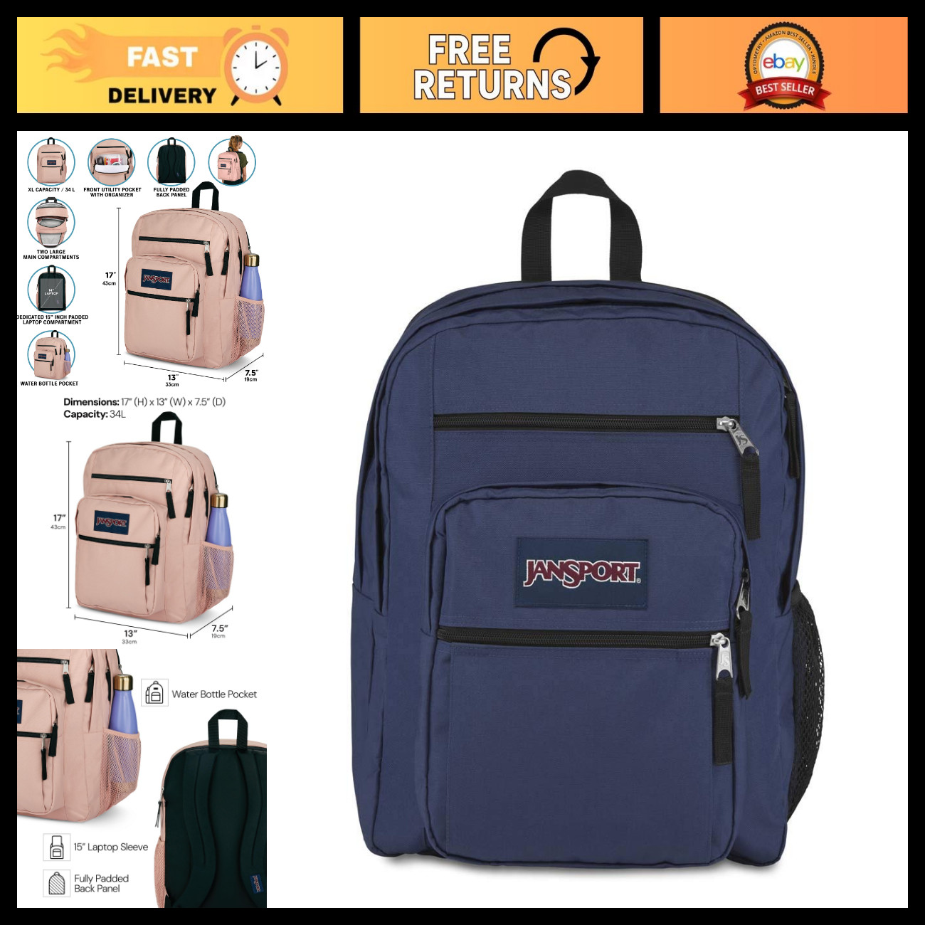 Laptop Backpack for 15" Computer, Ergonomic Straps, 2 Compartments, Navy