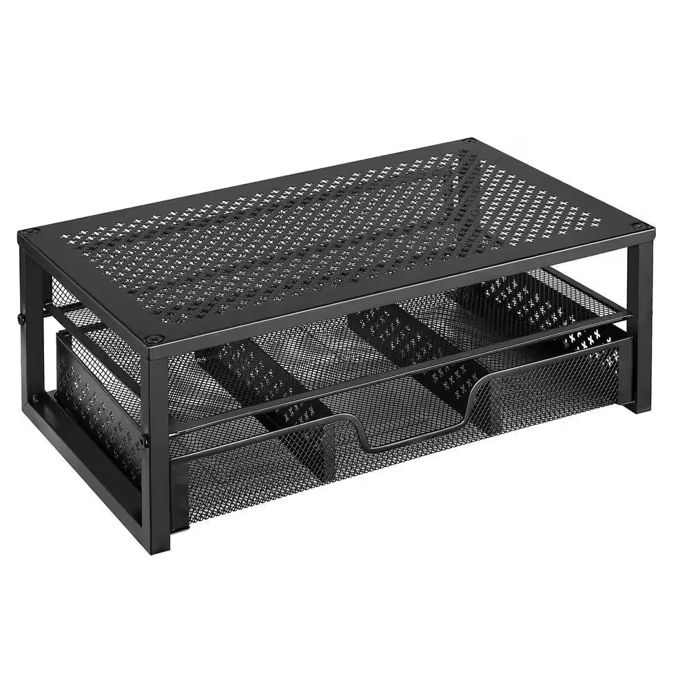 Black Metal Computer Desk Organizer, Durable Monitor Stand Riser with Drawer for
