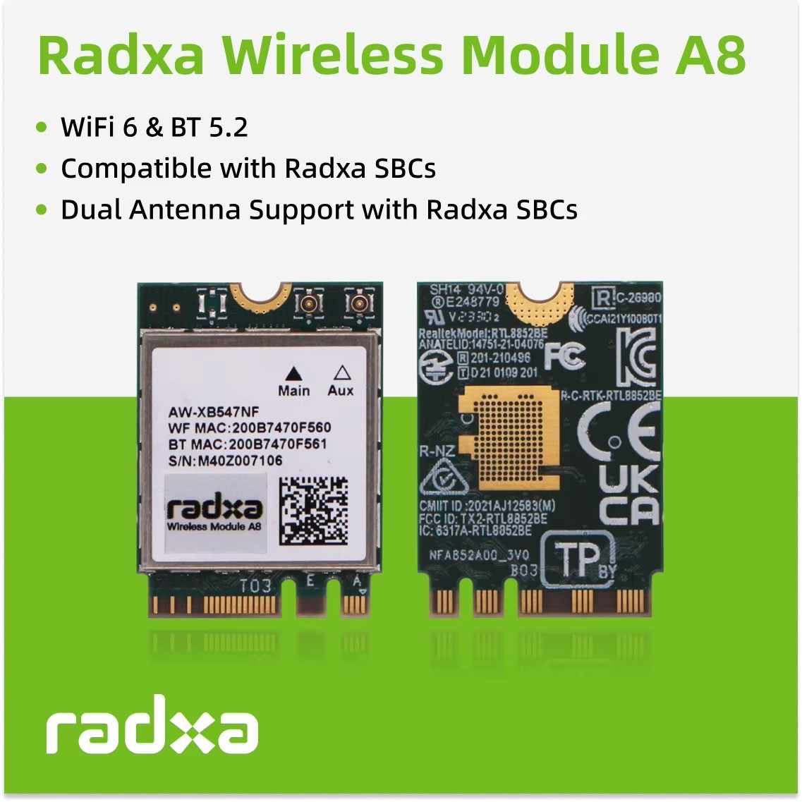 Radxa Wireless Module A8 WiFi 6 BT 5.2 M.2 E Key Dual Antenna