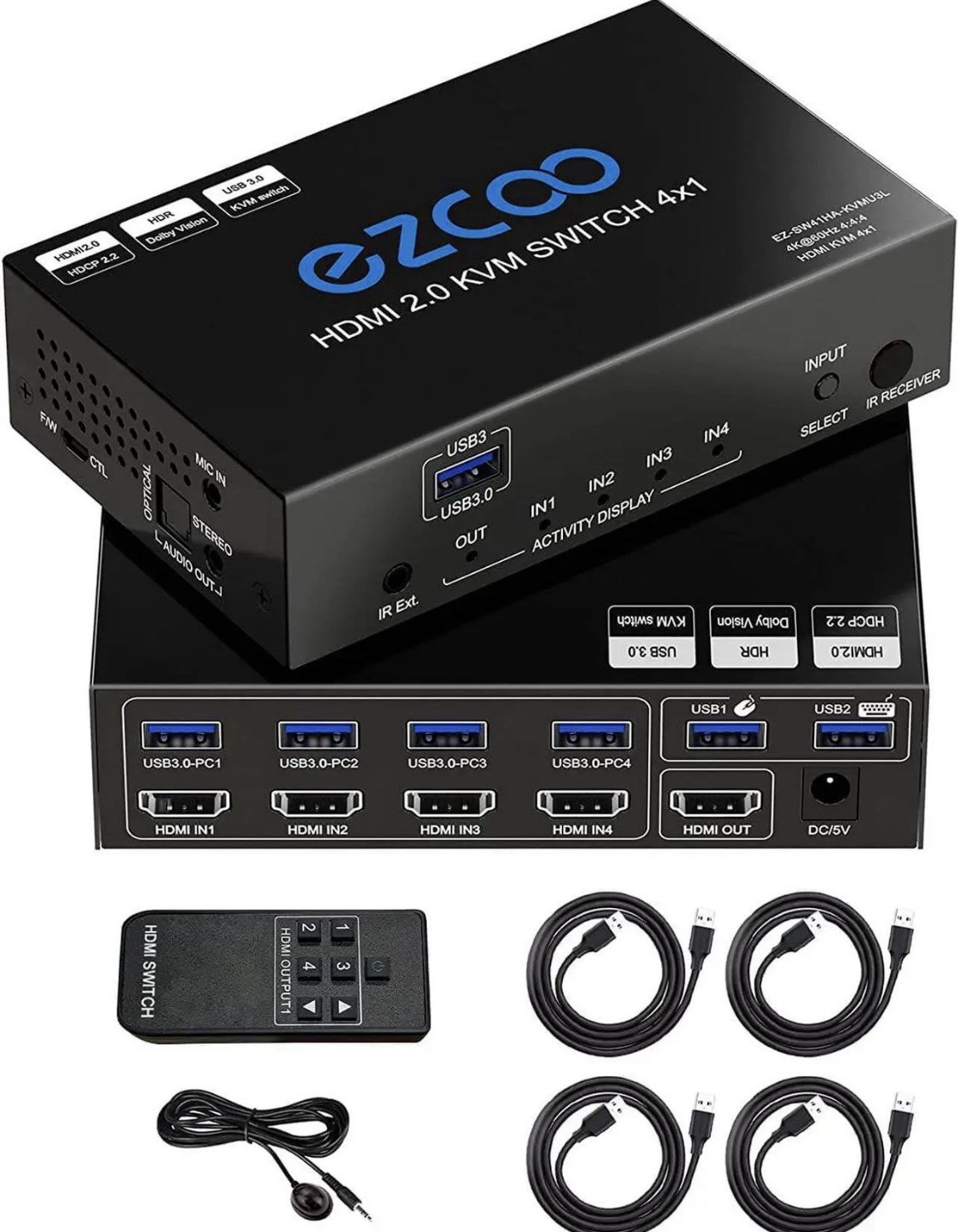 Usb 3.0 Kvm Switch Hdmi 4 Computer 1 Monitor 4K 60Hz Spdif L/R Hotkey Edid- Sh