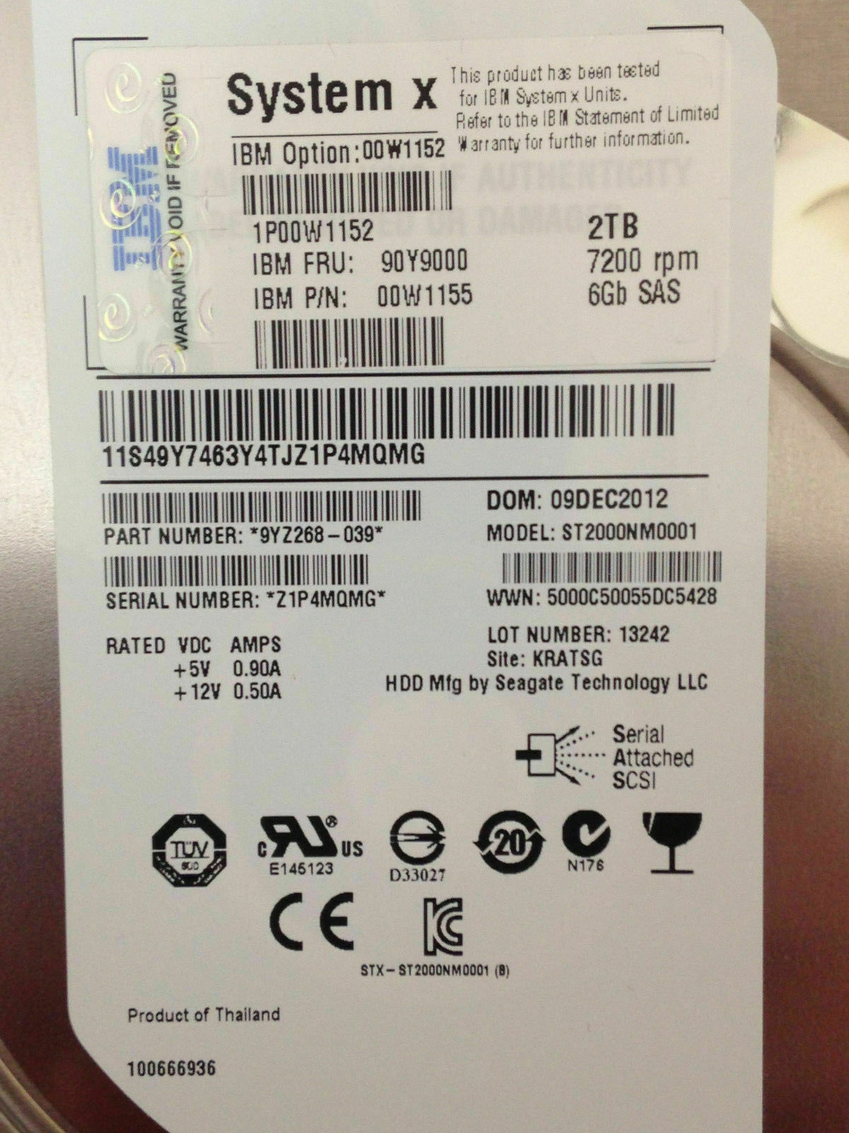 IBM 2TB 00W1152 90Y9000 00W1155 2TB 7.2K 6G 3.5" SAS HARD DRIVE DS3512 EXP3512