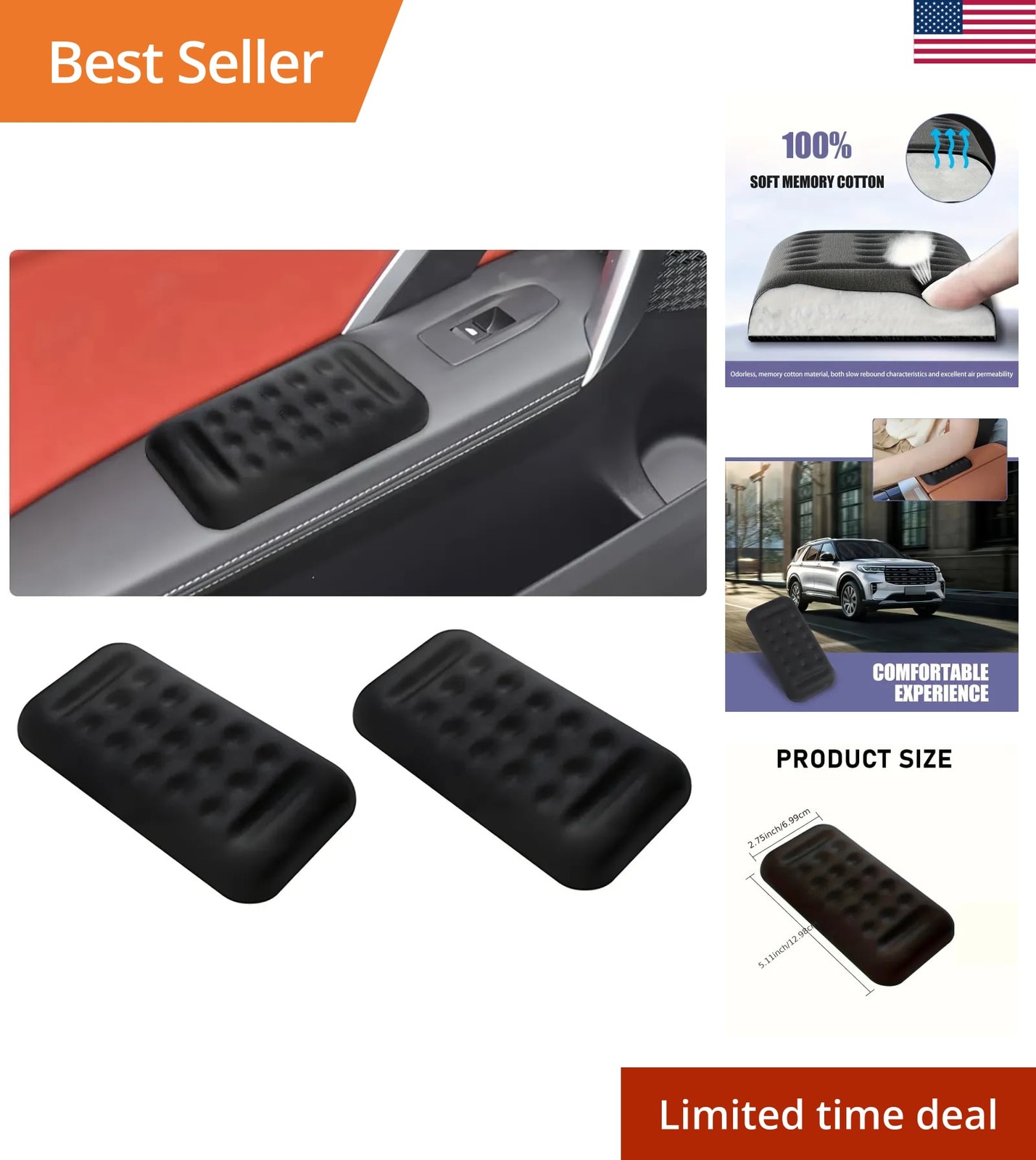 Car Door Armrest Pad Memory Foam Elbow Support Cushion Black 2Pcs Universal Fit