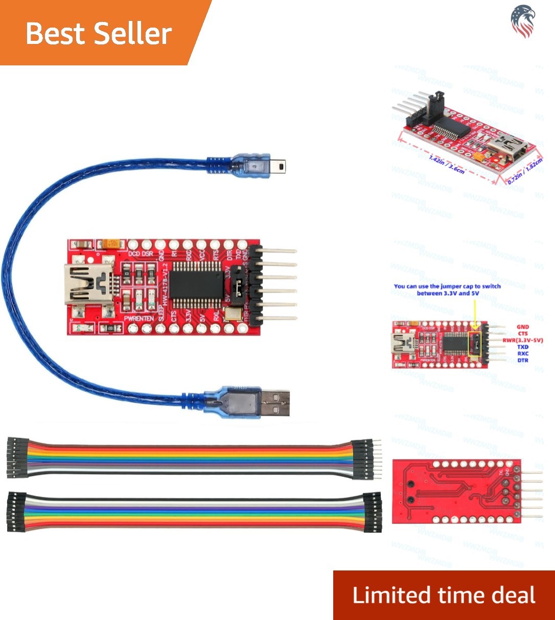 Mini USB to TTL Serial Converter Adapter Compatible with Arduino 3.3V 5V FTDI...