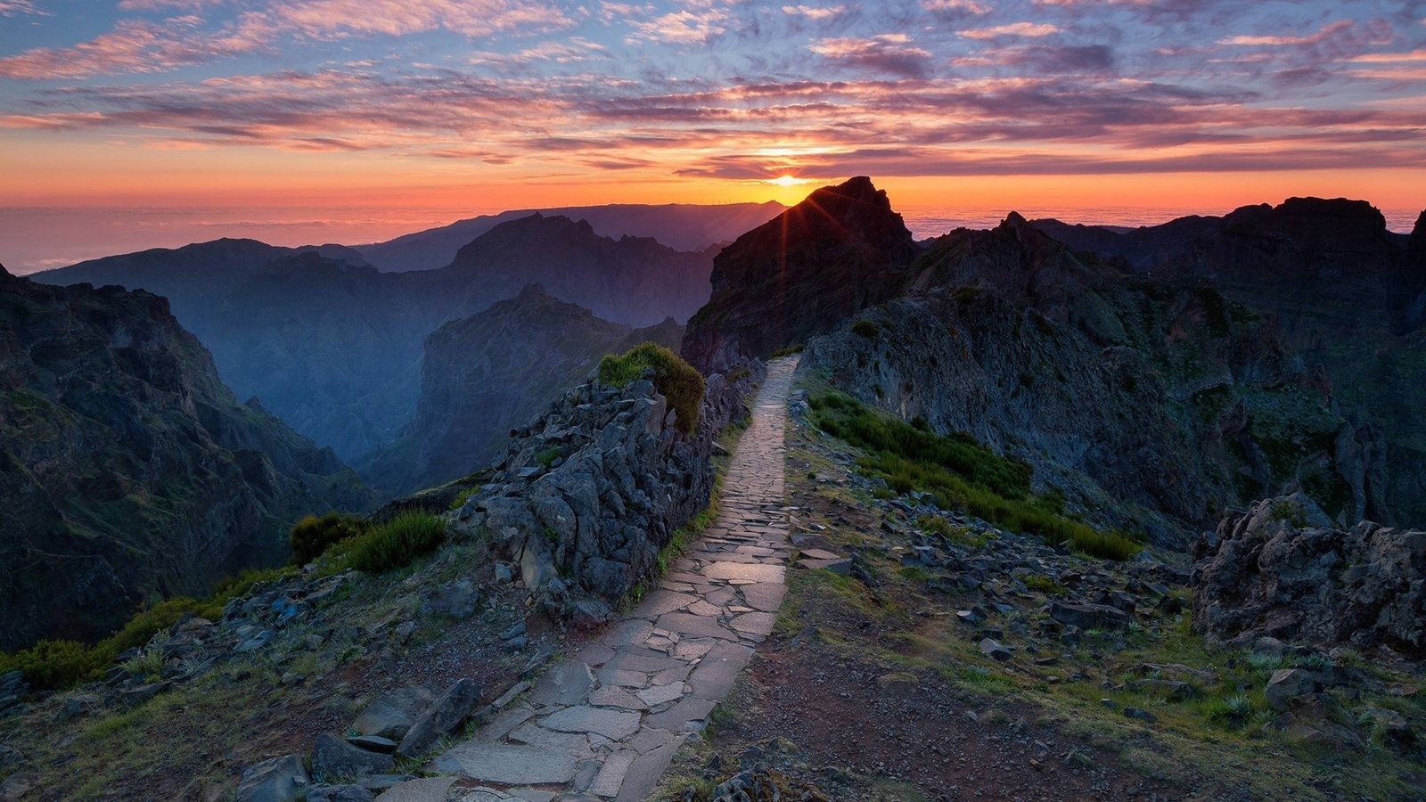 Landscape nature path mountains sunset orange sky Custom Gaming Mat Desk