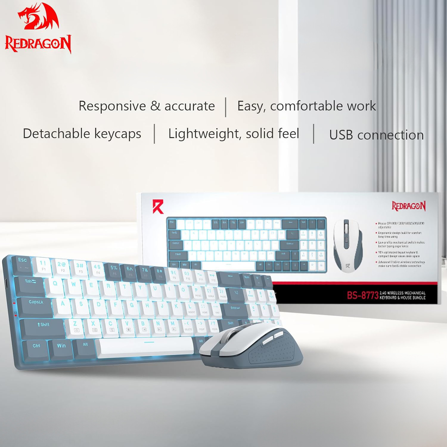 RedDragon 2.4G Wireless Mechanical Keyboard and Mouse Bundle Gray
