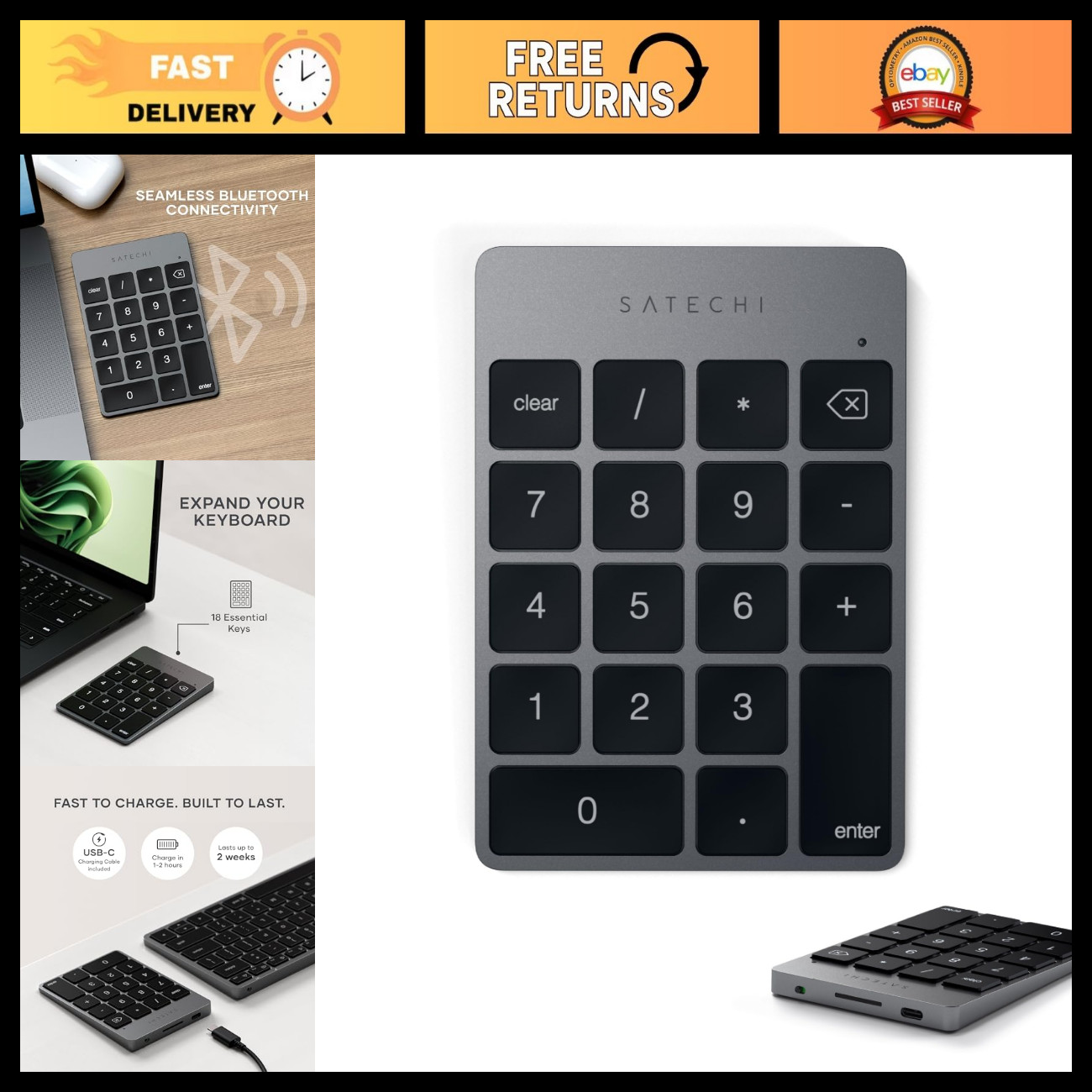Slim Aluminum Bluetooth Keypad - USB-C Rechargeable, Wireless, Space Gray