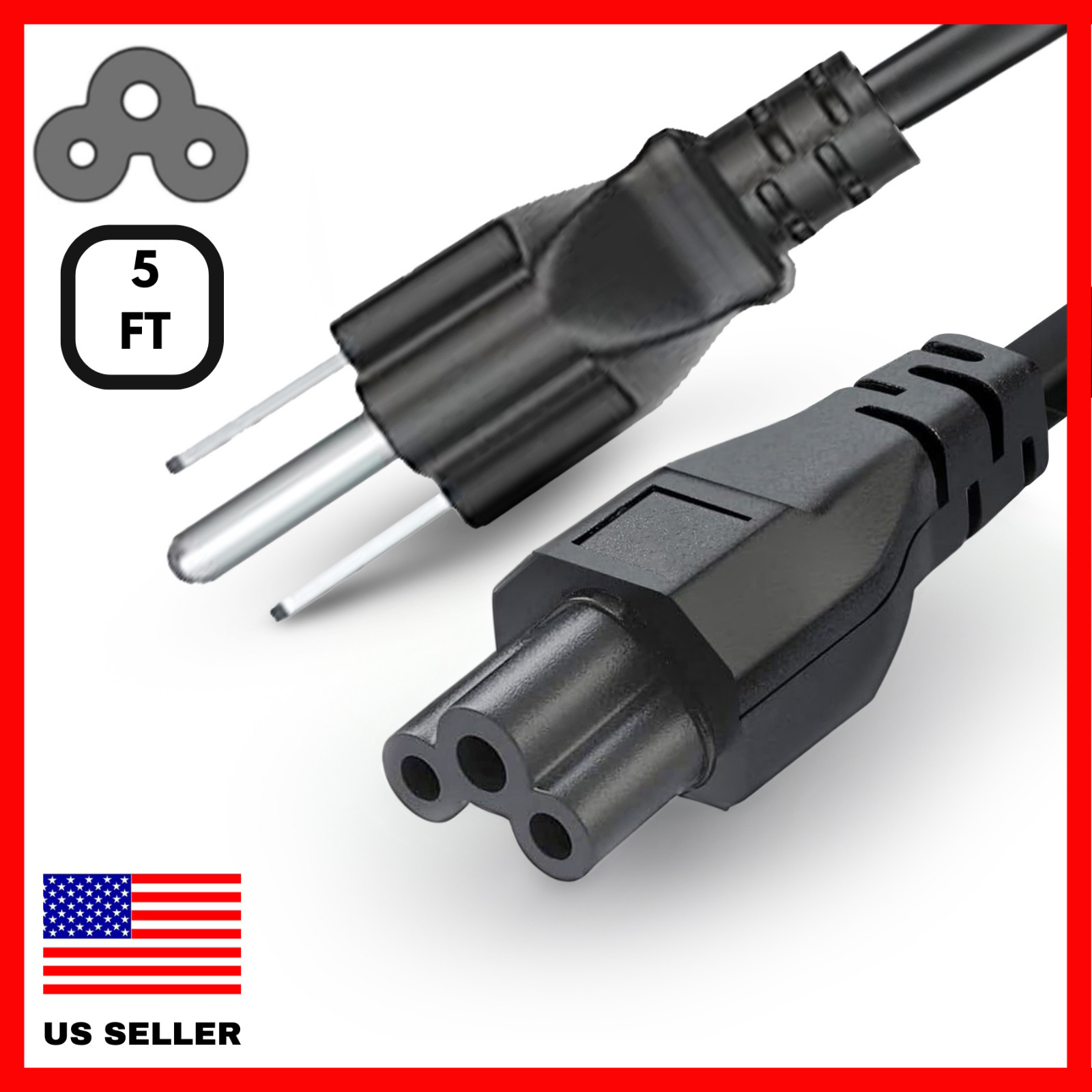 3 Prong 5Ft AC Power Cord 125v/250v 10 Amp 18AWG IEC320 C5 to NEMA 5-15P