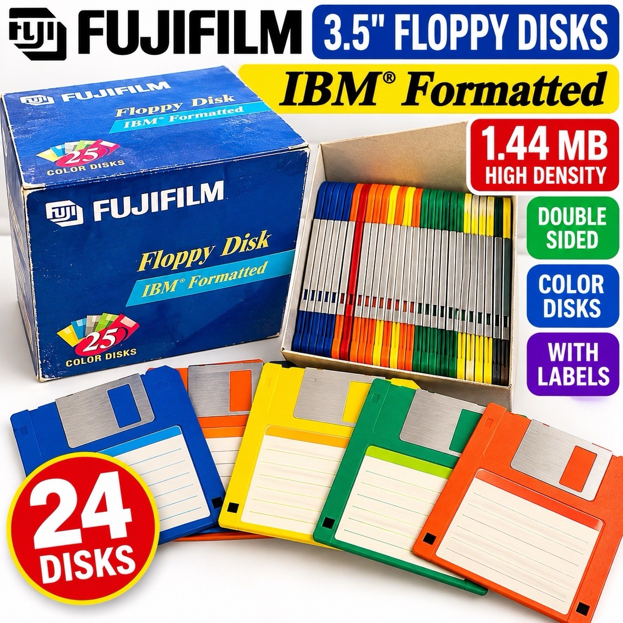 Fujifilm 3.5” 1.44MB IBM Formatted Color Floppy Disks 24/25 Open Box NOS