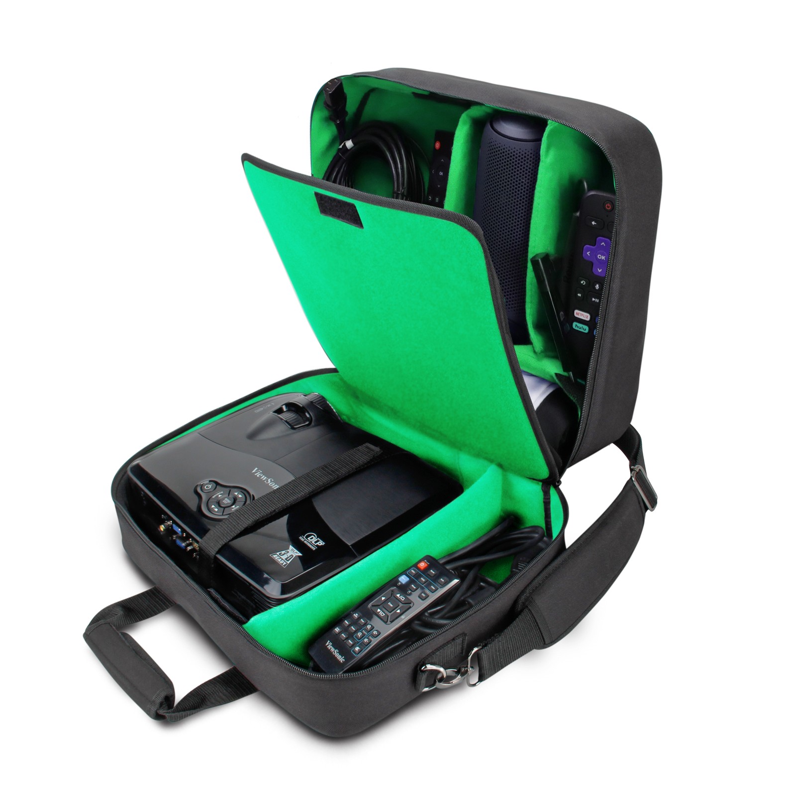 Projector Case with Shoulder Strap, Extra Storage & Custom Dividers (Green)