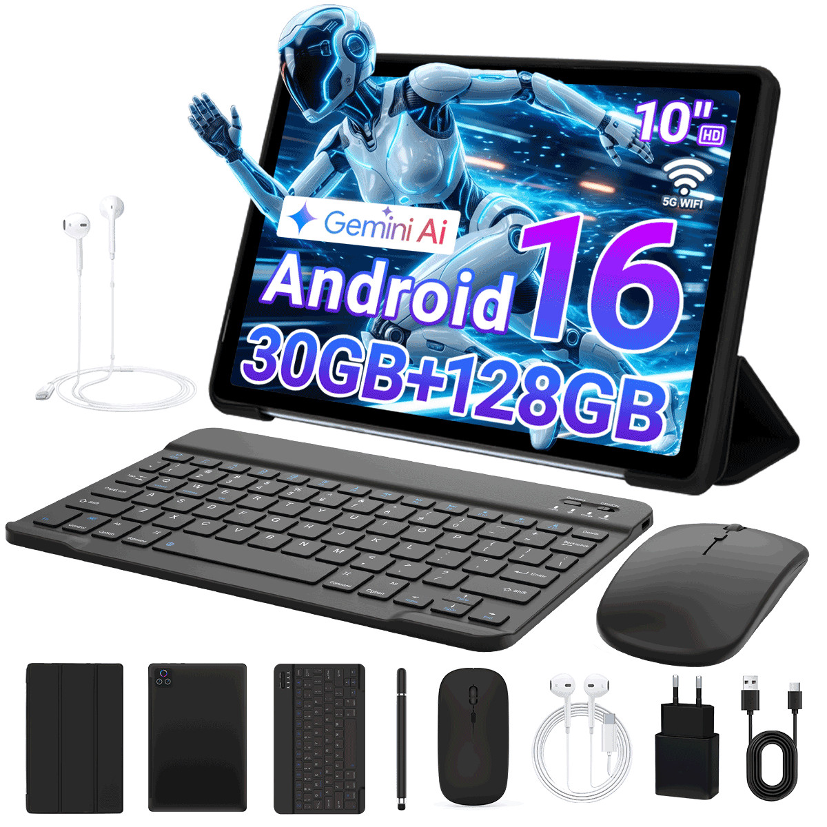 2026 New Android 16 Tablet 10.1" HD 30+128GB Octa-Core 5MP/8MP 5G Wifi Gemini AI