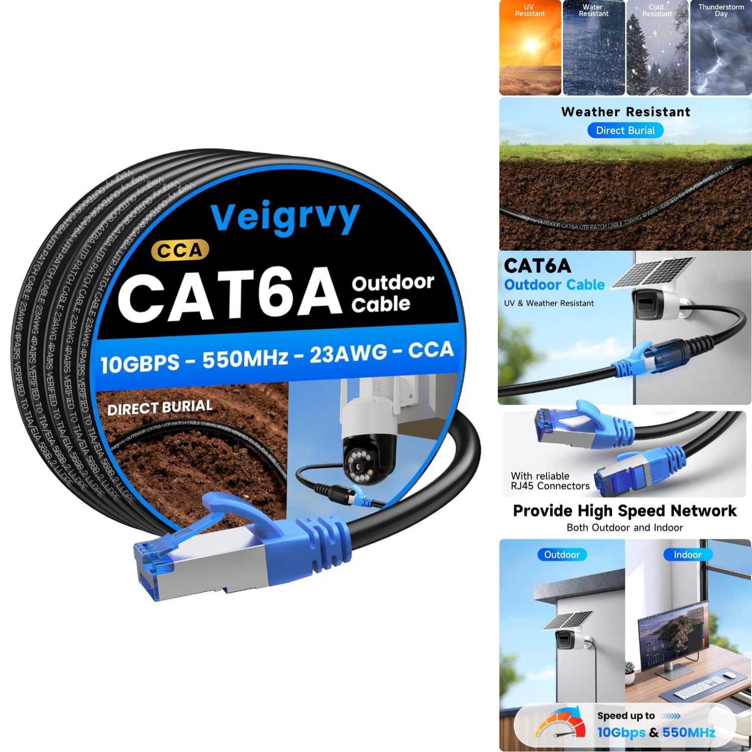 Weatherproof Cat6A Ethernet Cable 100ft - Direct Burial, 550MHz, PoE Compatible