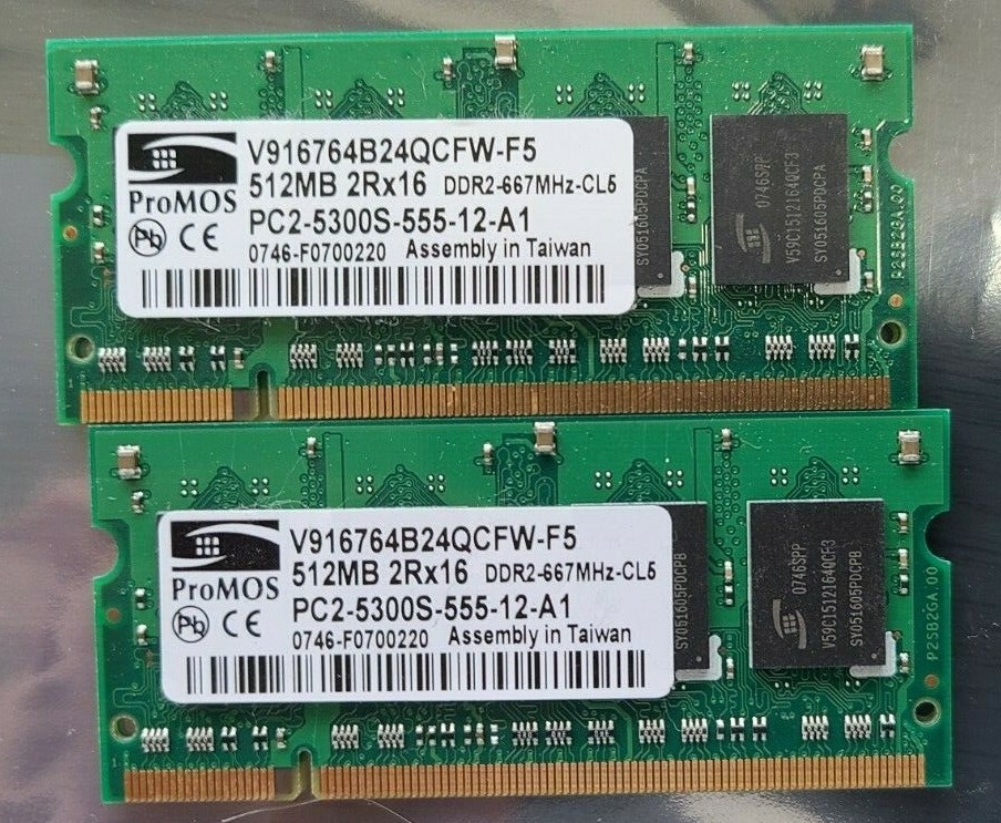 ProMOS 2x 512MB PC2-5300S DDR2-667 SO-DIMM V916764B24QCFW-F5 RAM Memory 