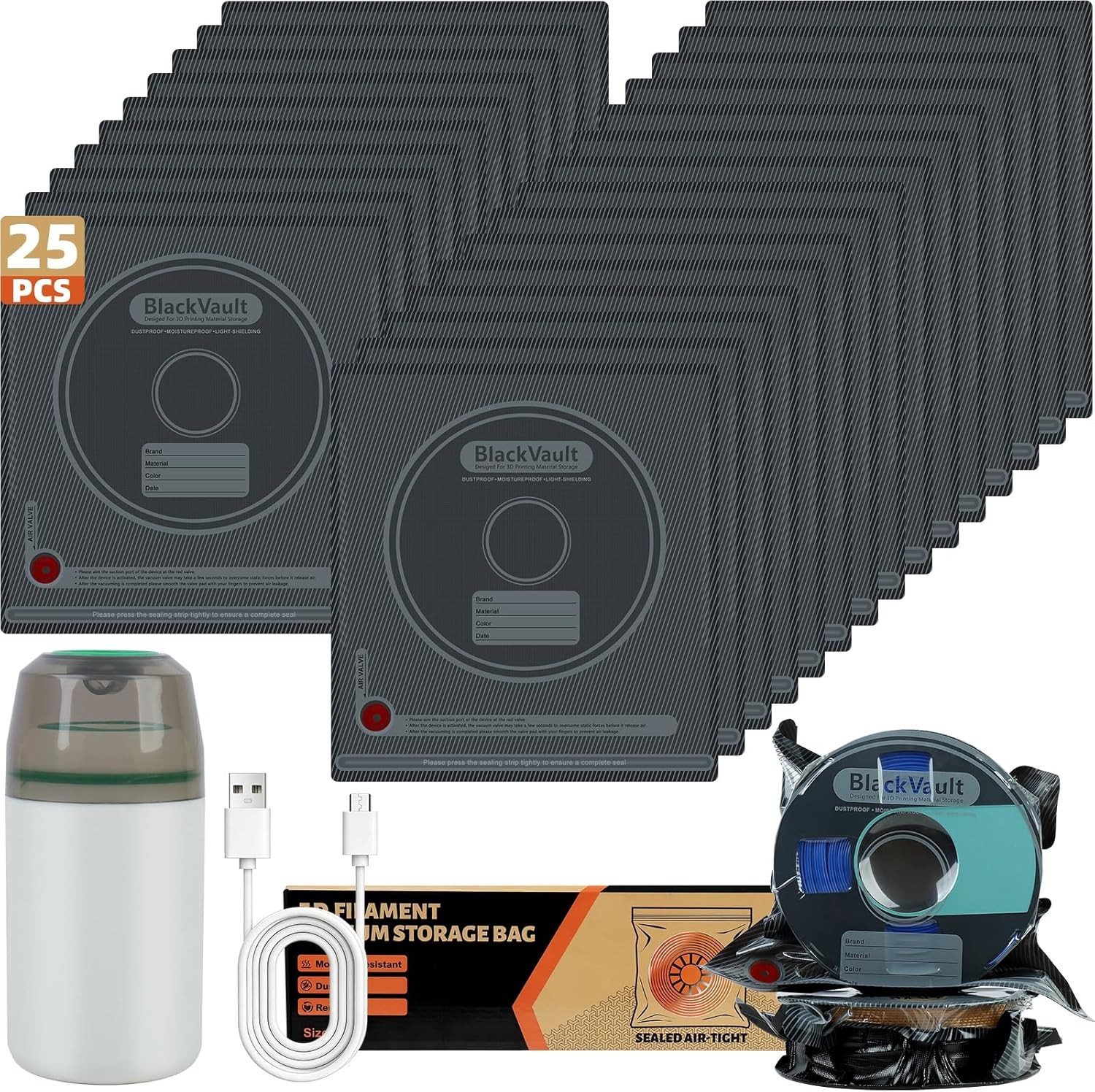 25 Pcs 3D Filament Vacuum Storage Bags Kit with 5 Sealing Clip and 1Pump PA/DP/P