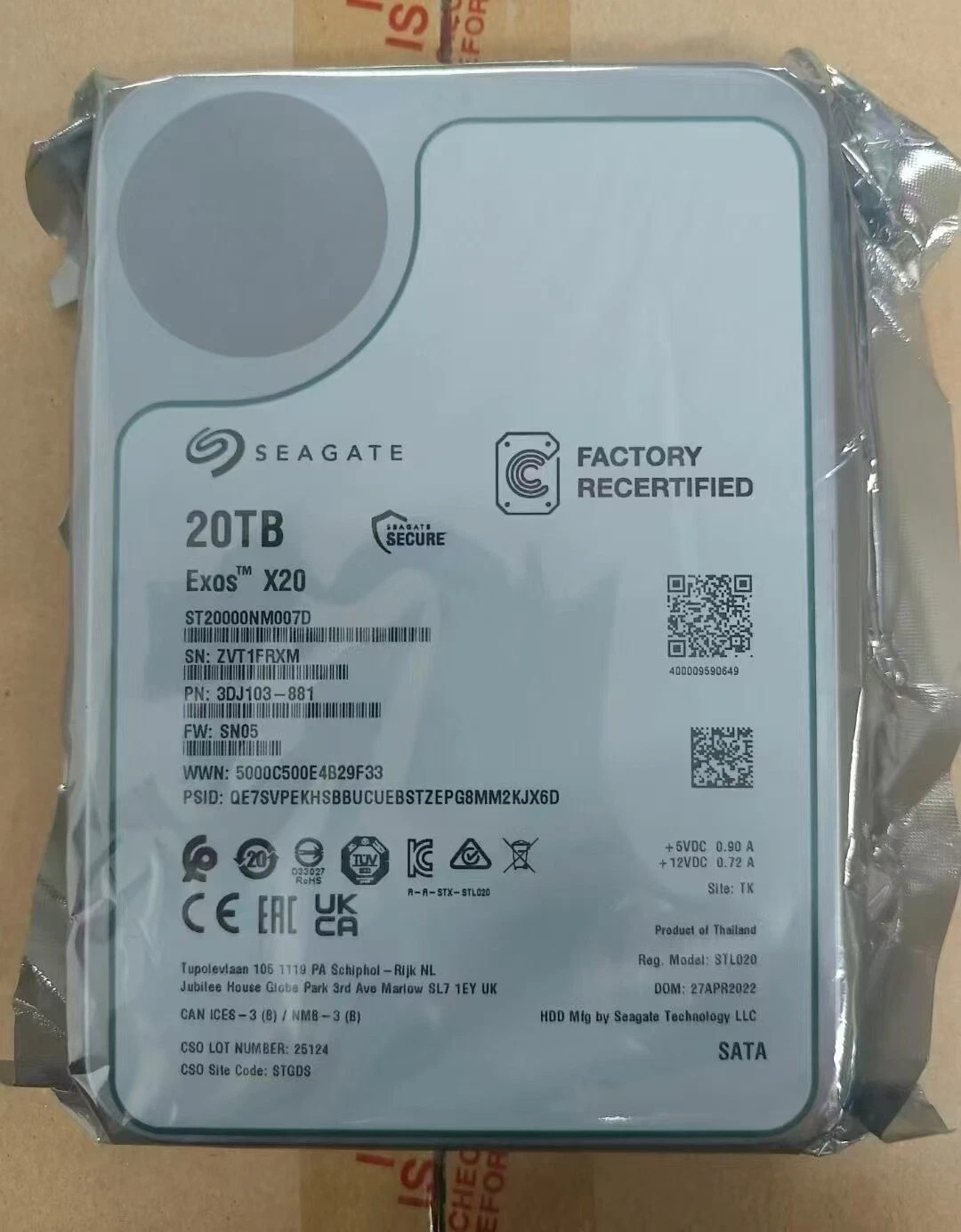 Seagate Exos X20 ST20000NM007D 20TB CMR SATA III 3.5" Enterprise HDD Recertified