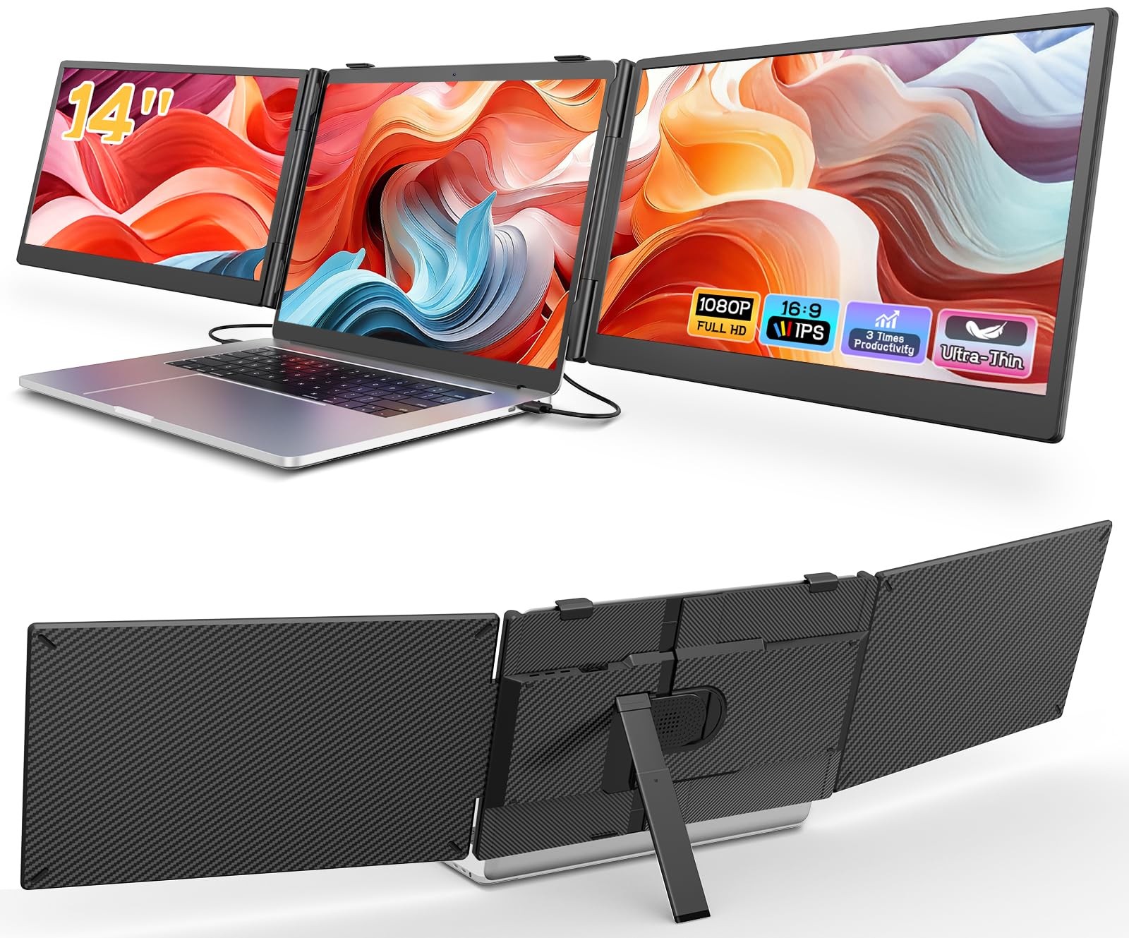 Laptop Screen Extender, 14'' FHD 1080P Ultra-Slim 14" Triple Screen, Black