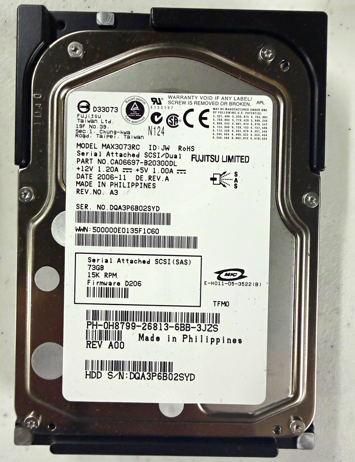 Fujitsu 73GB 15K SAS 3.5" Internal HDD MAX3073RC CA06697-B20300DL
