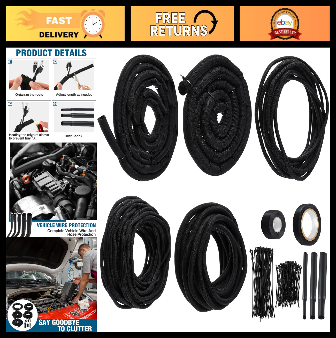 Wire Loom Sleeve Kit with Heat Shrink Tubing, Tape & Ties for Vehicle Hose Prote
