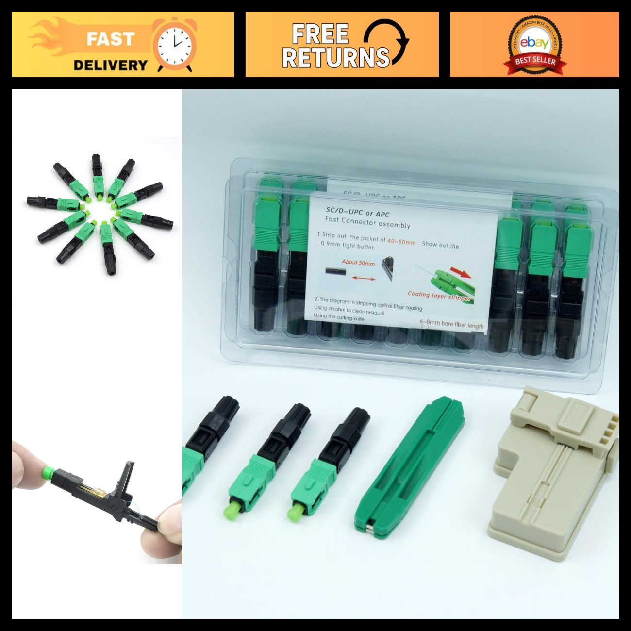 100pcs SC APC Fiber Optic Connectors & Tools - Reusable Single Mode Fast Connect