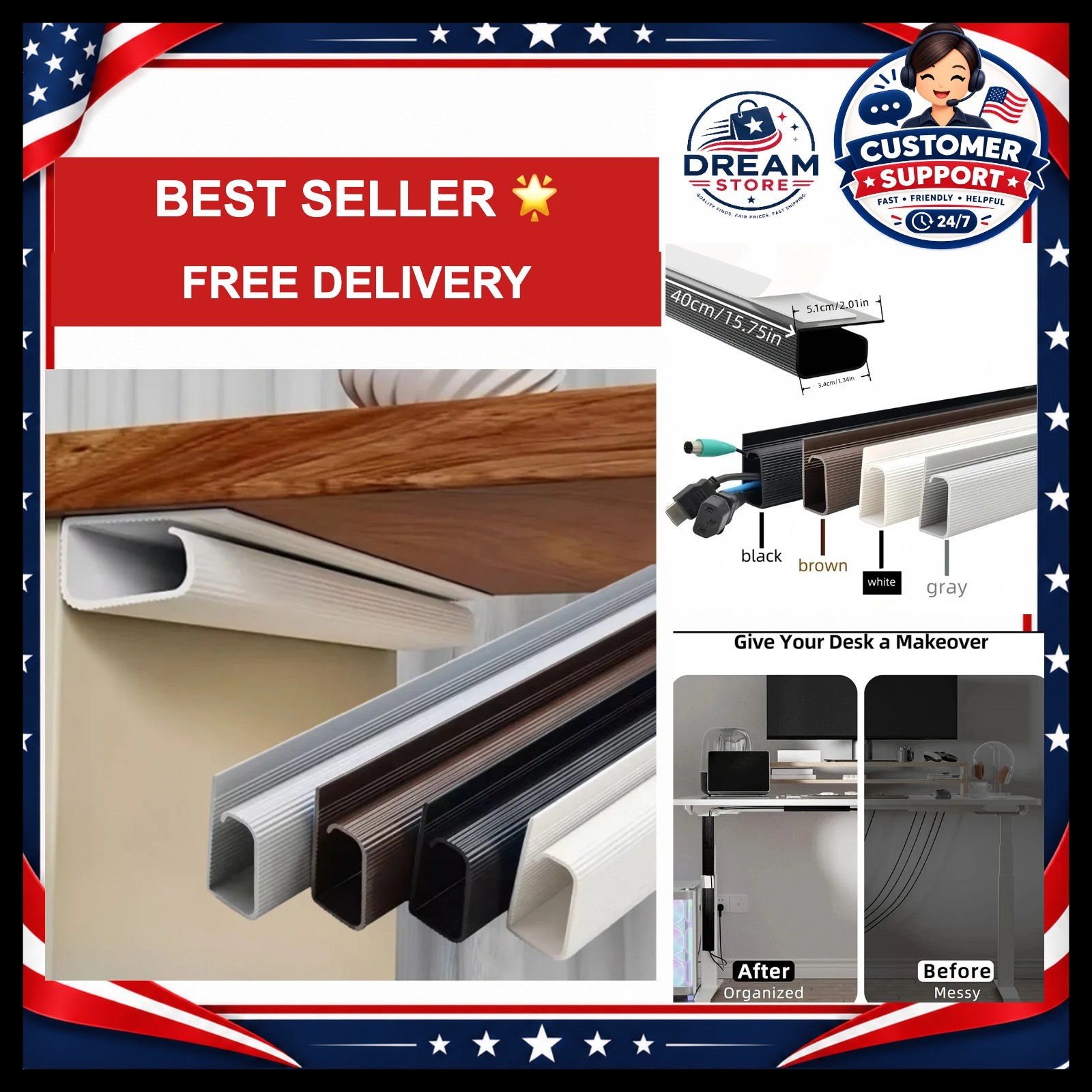 1pc PVC Desk Cable Tray Cable Management Under Desk Channel Cable Raceway Cord