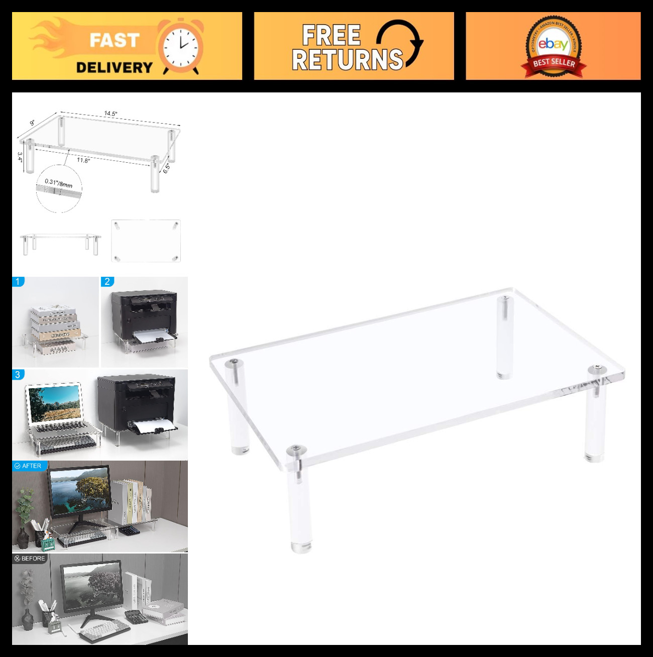 Clear Acrylic Monitor Stand, Sturdy Laptop Riser for Home Office, Space-Saving D