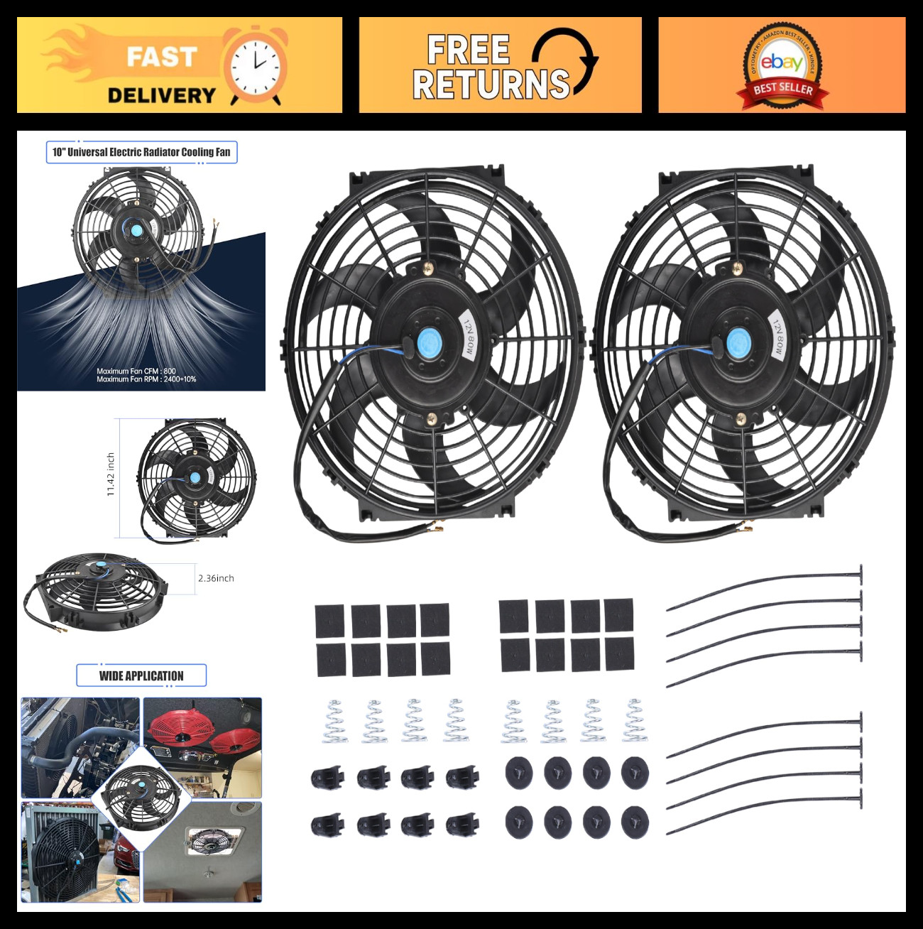 10" Slim Electric Radiator Cooling Fan - Push Pull Design, 2 Pack, Black