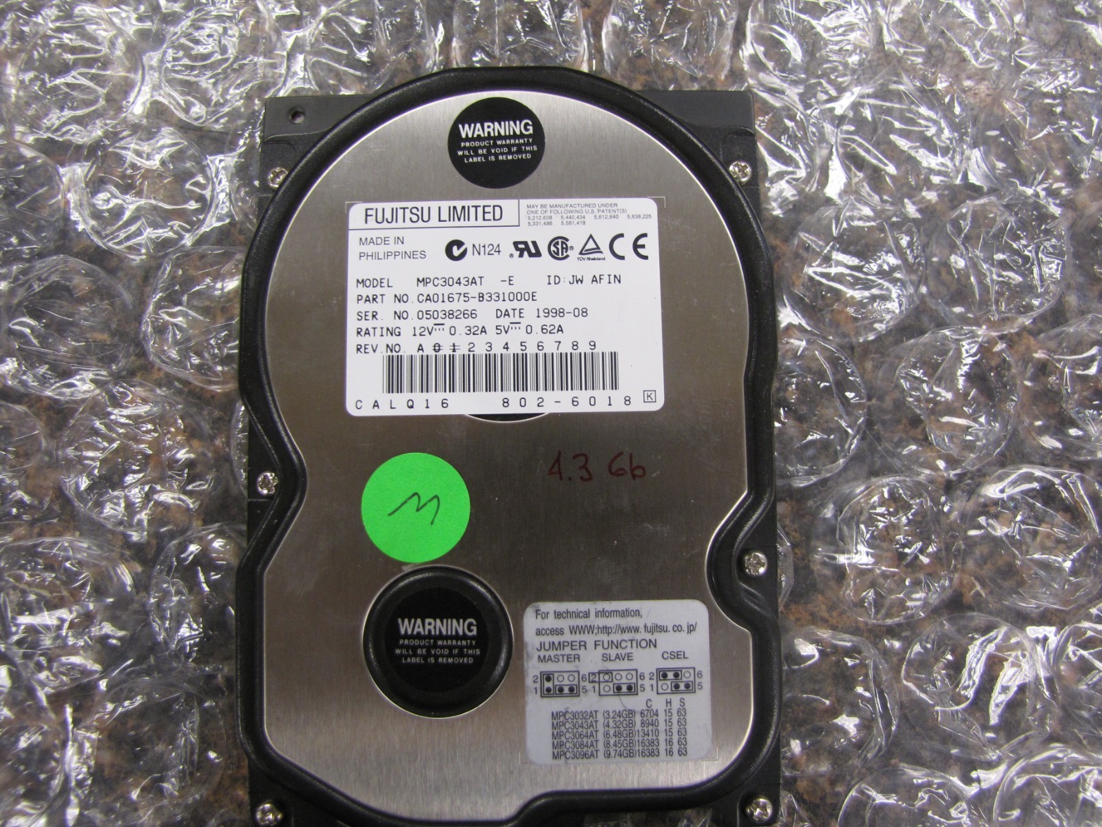 Fujitsu MPC3043AT CA01675-B331000E 4.3GB IDE Internal Hard Drive -Tested- NM41