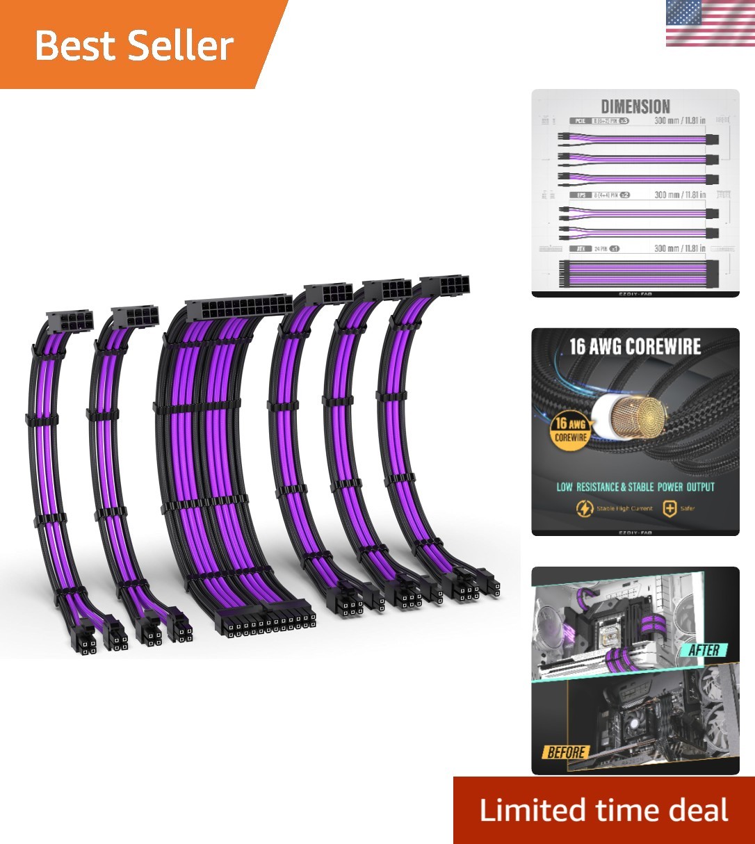 16AWG PSU Extension Kit Black Purple 300MM 24-Pin/2xEPS/3xPCIe